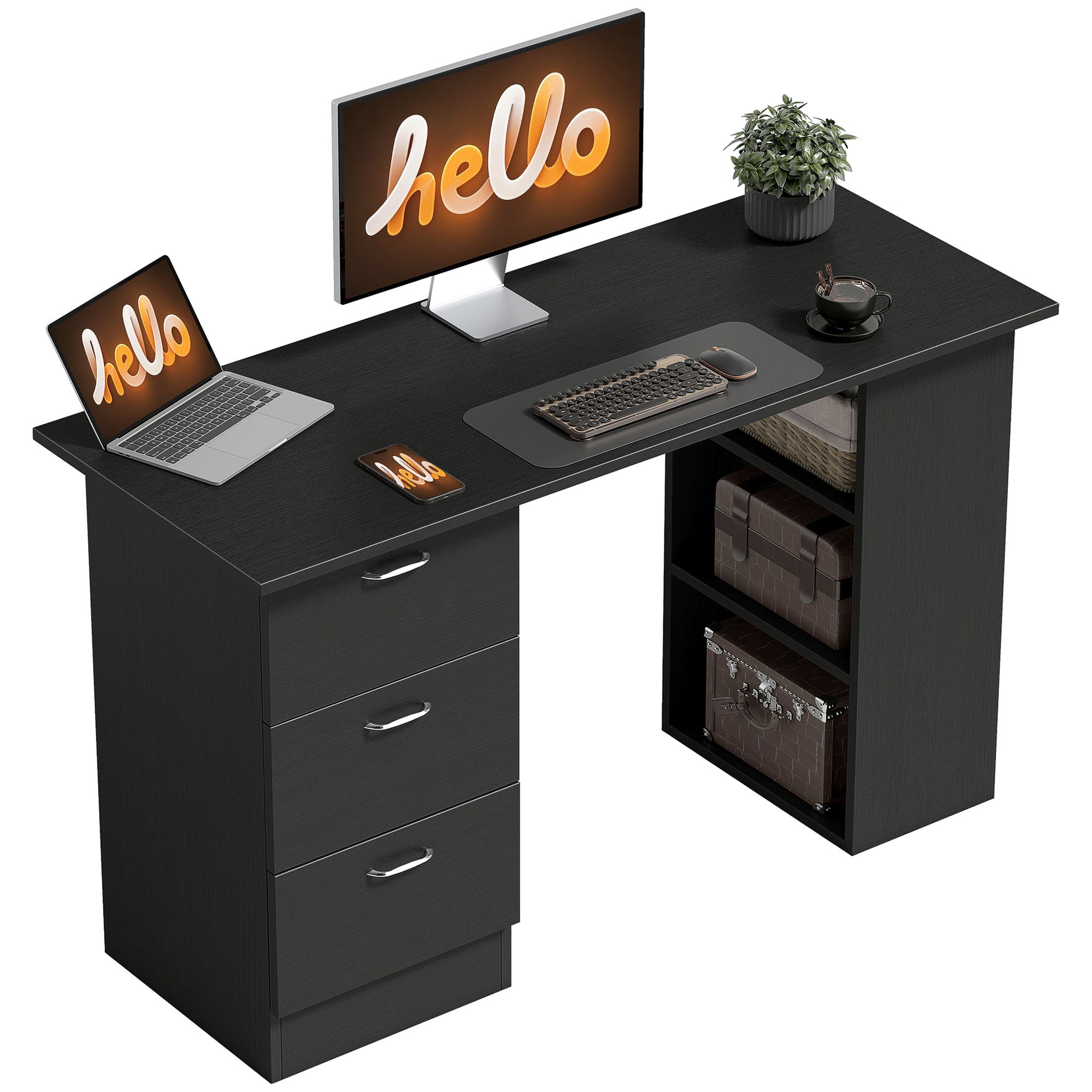 47" Computer Desk with 3 Drawers and 3 Shelves - Black-Office Products > Office Furniture > Office Desks & Work Stations > Writing Desks-DECOROLALA