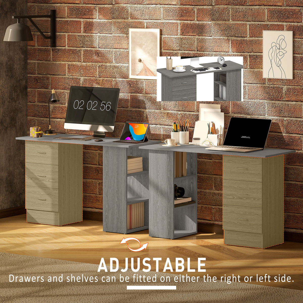 47" Computer Desk with 3 Drawers and 3 Shelves - Grey-Computer Desks-DECOROLALA
