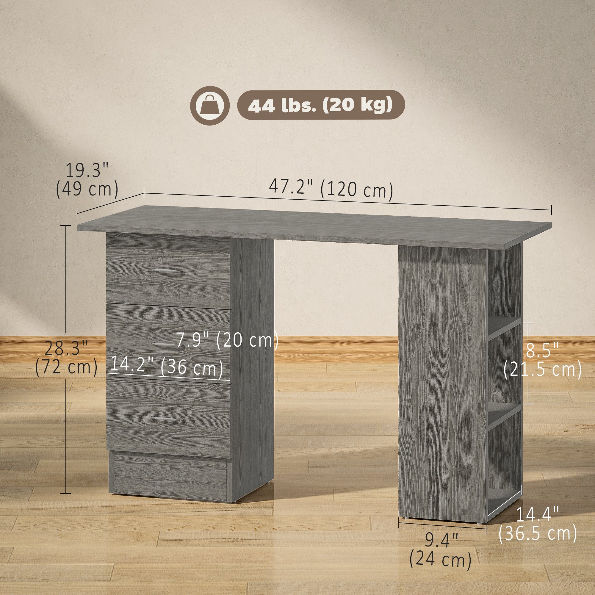 47" Computer Desk with 3 Drawers and 3 Shelves - Grey-Office Products > Office Furniture > Office Desks & Work Stations > Computer Desks-DECOROLALA