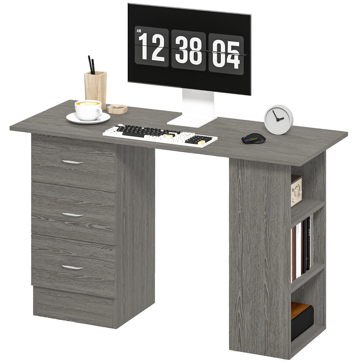 47" Computer Desk with 3 Drawers and 3 Shelves - Grey-Office Products > Office Furniture > Office Desks & Work Stations > Computer Desks-DECOROLALA