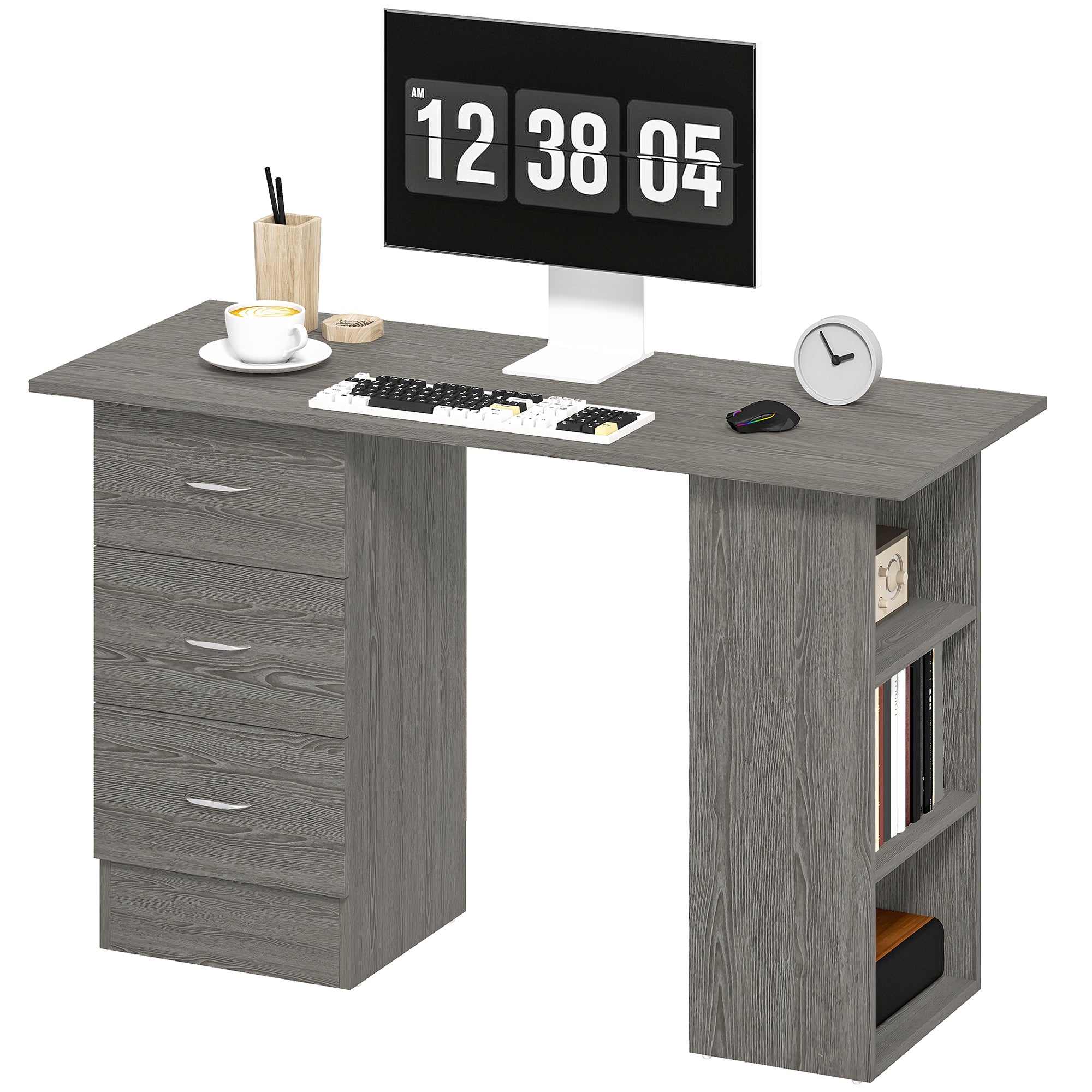 47" Computer Desk with 3 Drawers and 3 Shelves - Grey-Office Products > Office Furniture > Office Desks & Work Stations > Computer Desks-DECOROLALA