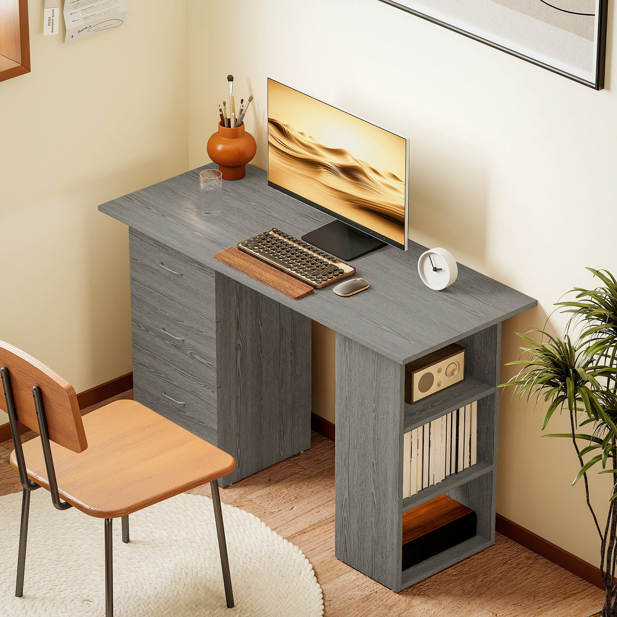 47" Computer Desk with 3 Drawers and 3 Shelves - Grey-Office Products > Office Furniture > Office Desks & Work Stations > Computer Desks-DECOROLALA