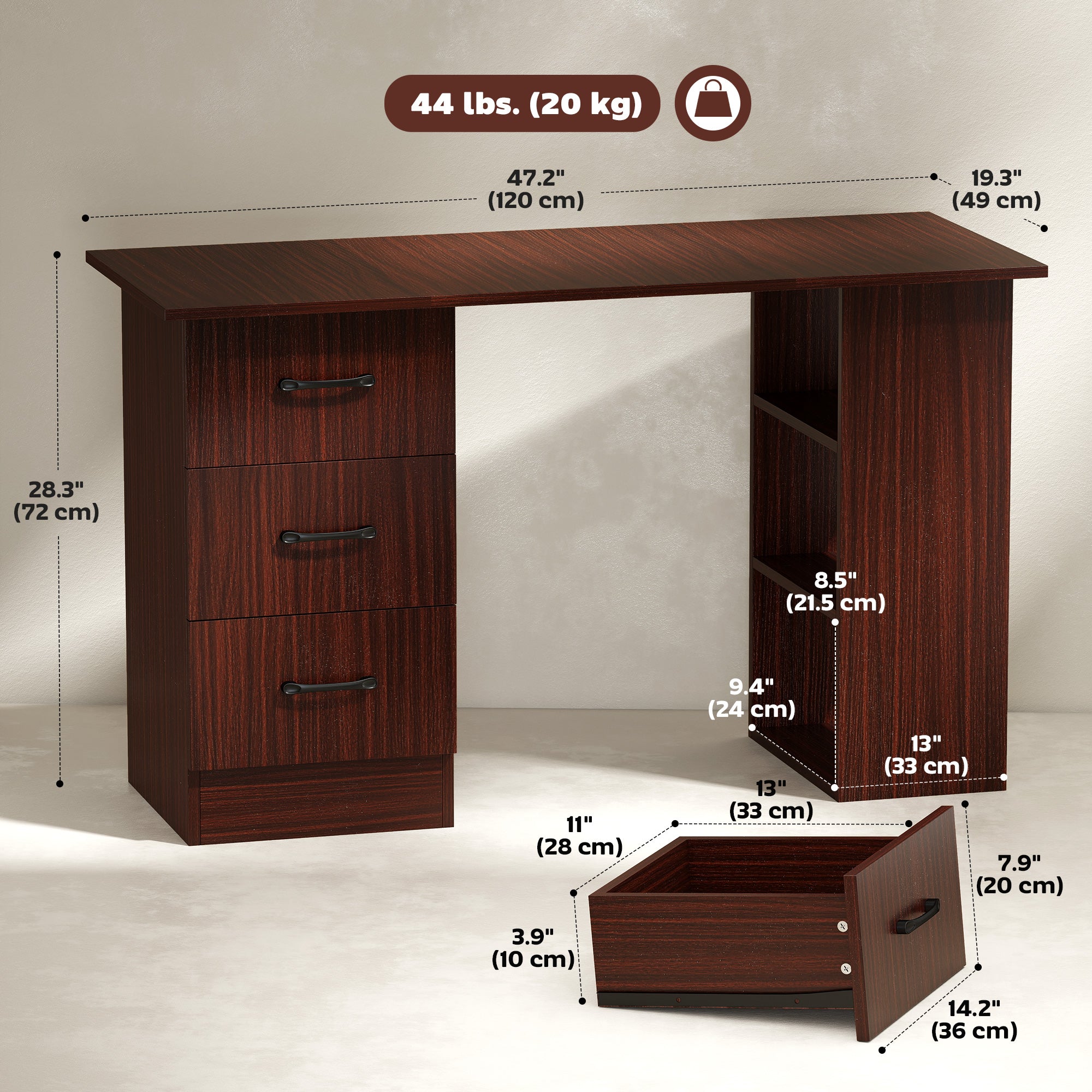 47" Computer Desk with 3 Drawers and 3 Shelves - Walnut-Office Products > Office Furniture > Office Desks & Work Stations > Writing Desks-DECOROLALA