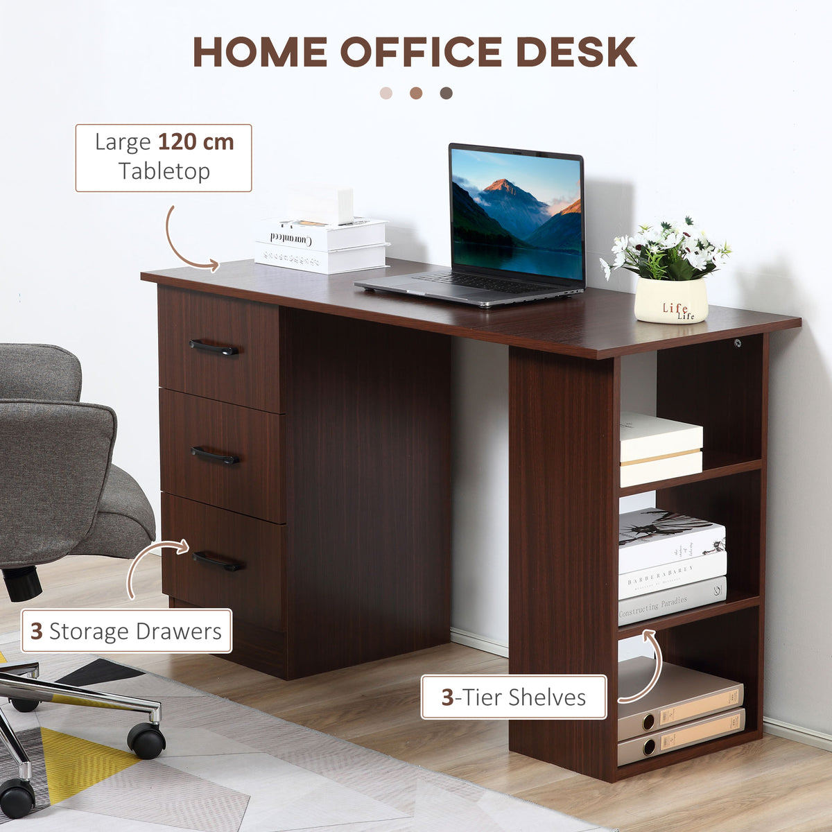 47" Computer Desk with 3 Drawers and 3 Shelves - Walnut-Office Products > Office Furniture > Office Desks & Work Stations > Writing Desks-DECOROLALA