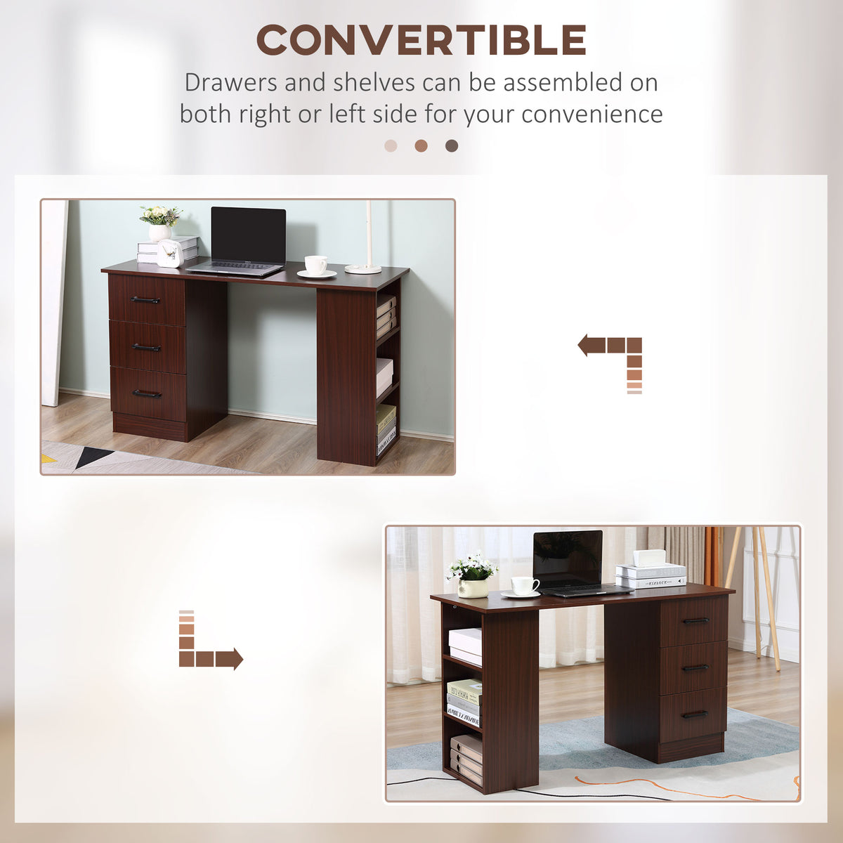 47" Computer Desk with 3 Drawers and 3 Shelves - Walnut-Office Products > Office Furniture > Office Desks & Work Stations > Writing Desks-DECOROLALA