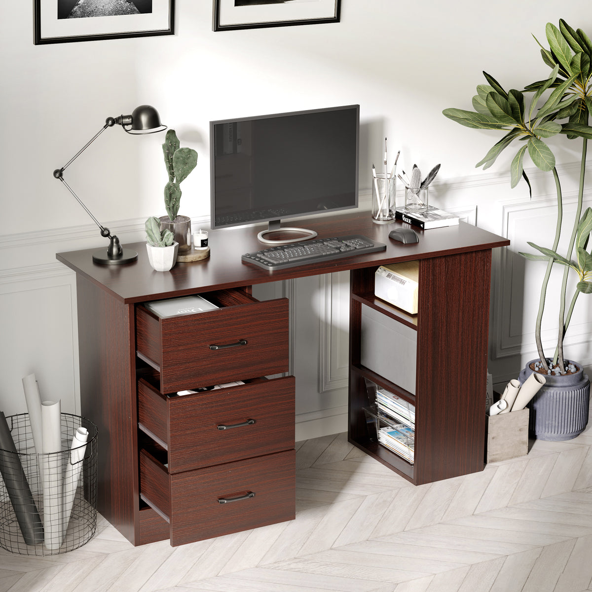 47" Computer Desk with 3 Drawers and 3 Shelves - Walnut-Office Products > Office Furniture > Office Desks & Work Stations > Writing Desks-DECOROLALA