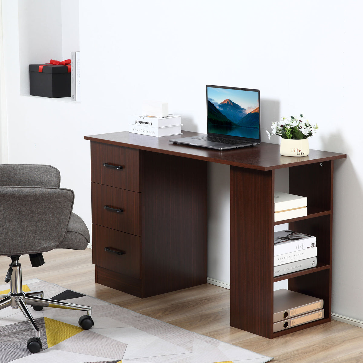 47" Computer Desk with 3 Drawers and 3 Shelves - Walnut-Office Products > Office Furniture > Office Desks & Work Stations > Writing Desks-DECOROLALA