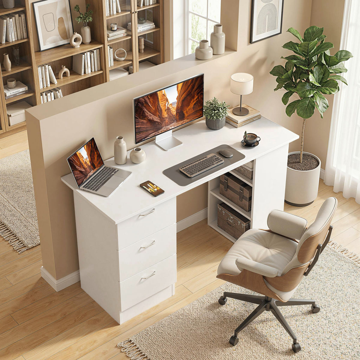 47" Computer Desk with 3 Drawers and 3 Shelves - White-Computer Desks-DECOROLALA