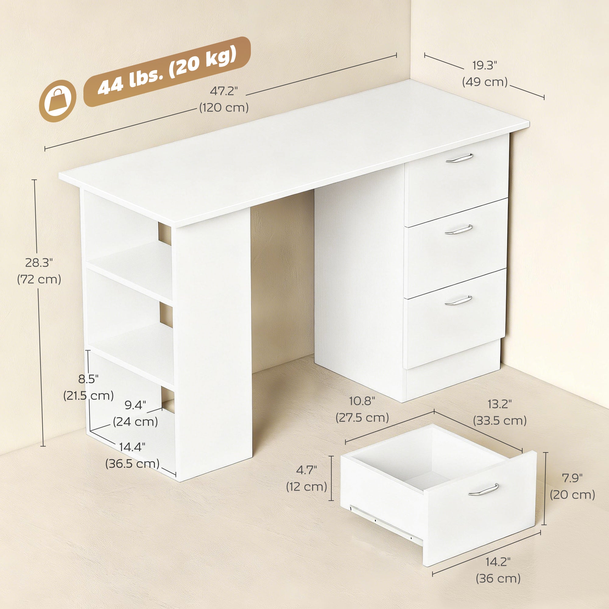 47" Computer Desk with 3 Drawers and 3 Shelves - White-Office Products > Office Furniture > Office Desks & Work Stations > Computer Desks-DECOROLALA