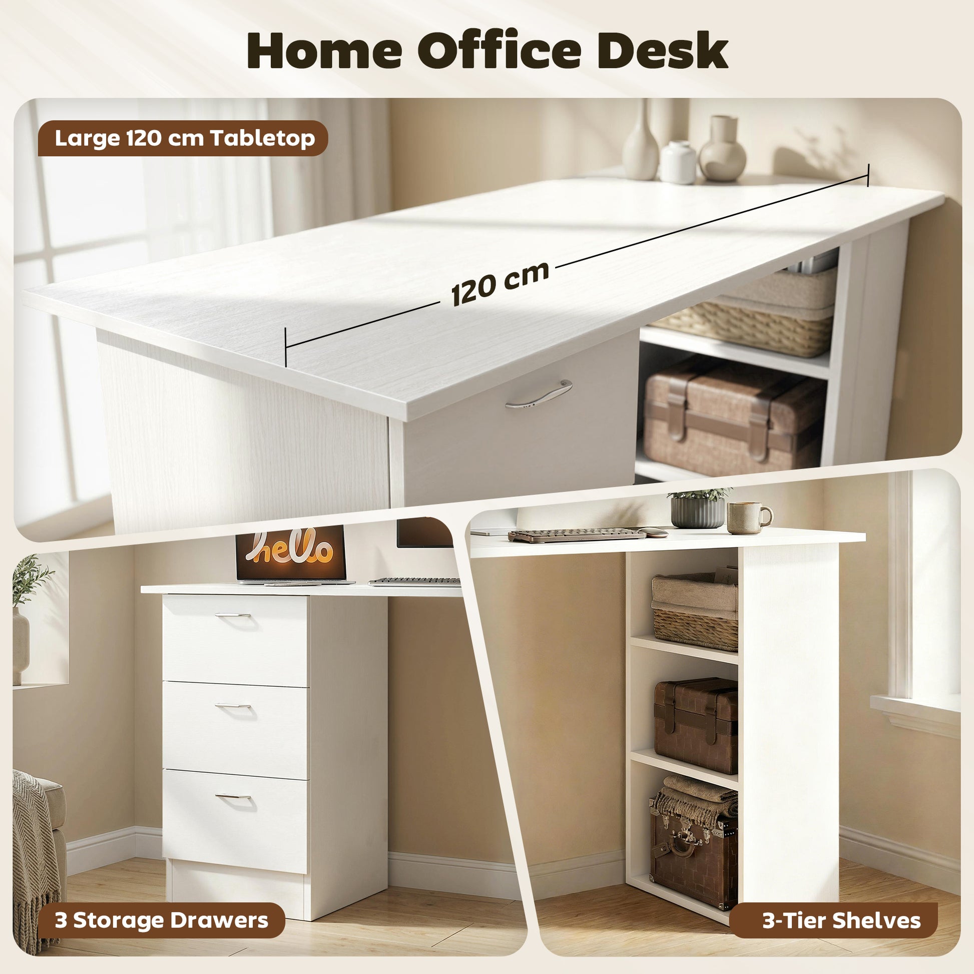 47" Computer Desk with 3 Drawers and 3 Shelves - White-Office Products > Office Furniture > Office Desks & Work Stations > Computer Desks-DECOROLALA
