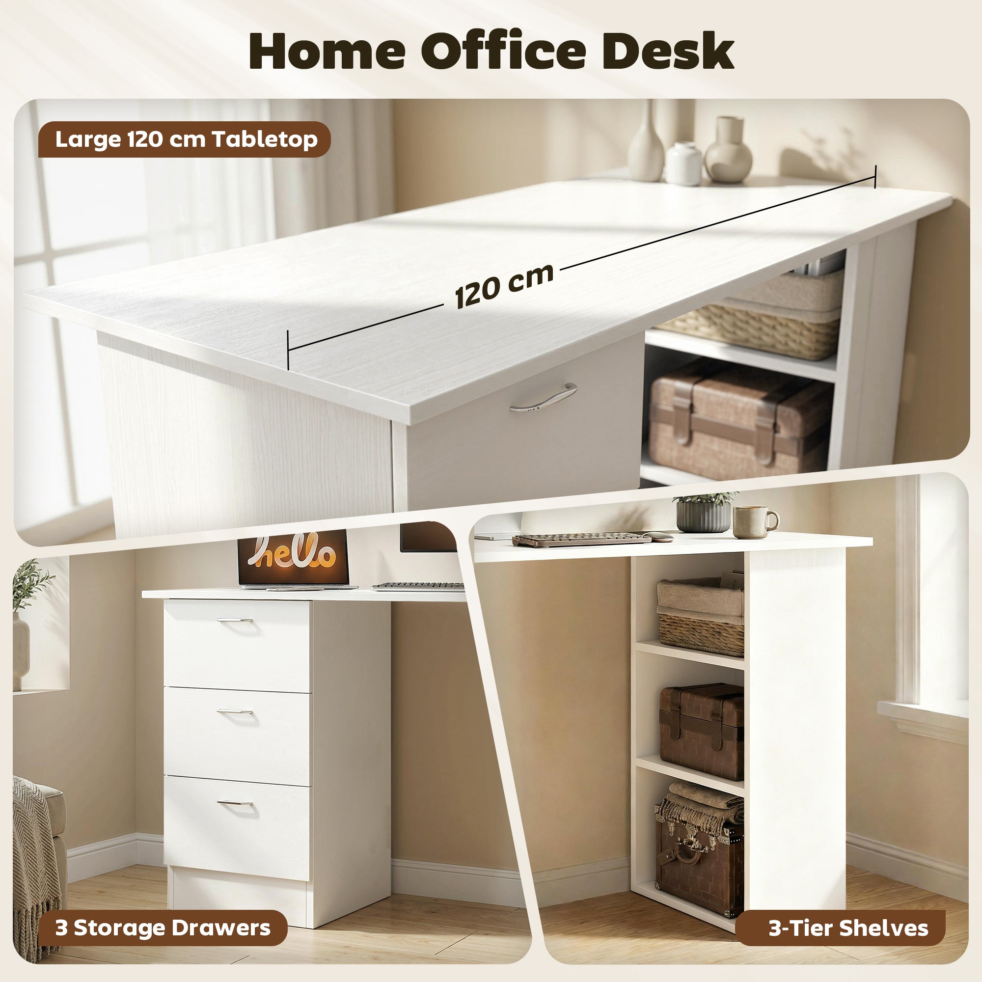 47" Computer Desk with 3 Drawers and 3 Shelves - White-Office Products > Office Furniture > Office Desks & Work Stations > Computer Desks-DECOROLALA