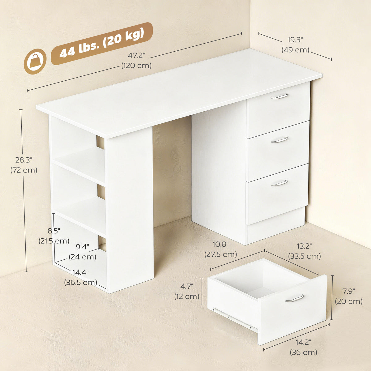 47" Computer Desk with 3 Drawers and 3 Shelves - White-Office Products > Office Furniture > Office Desks & Work Stations > Computer Desks-DECOROLALA