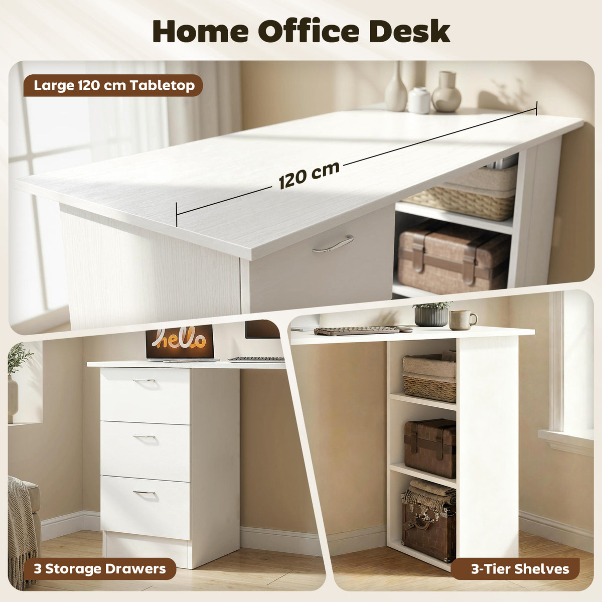 47" Computer Desk with 3 Drawers and 3 Shelves - White-Office Products > Office Furniture > Office Desks & Work Stations > Computer Desks-DECOROLALA