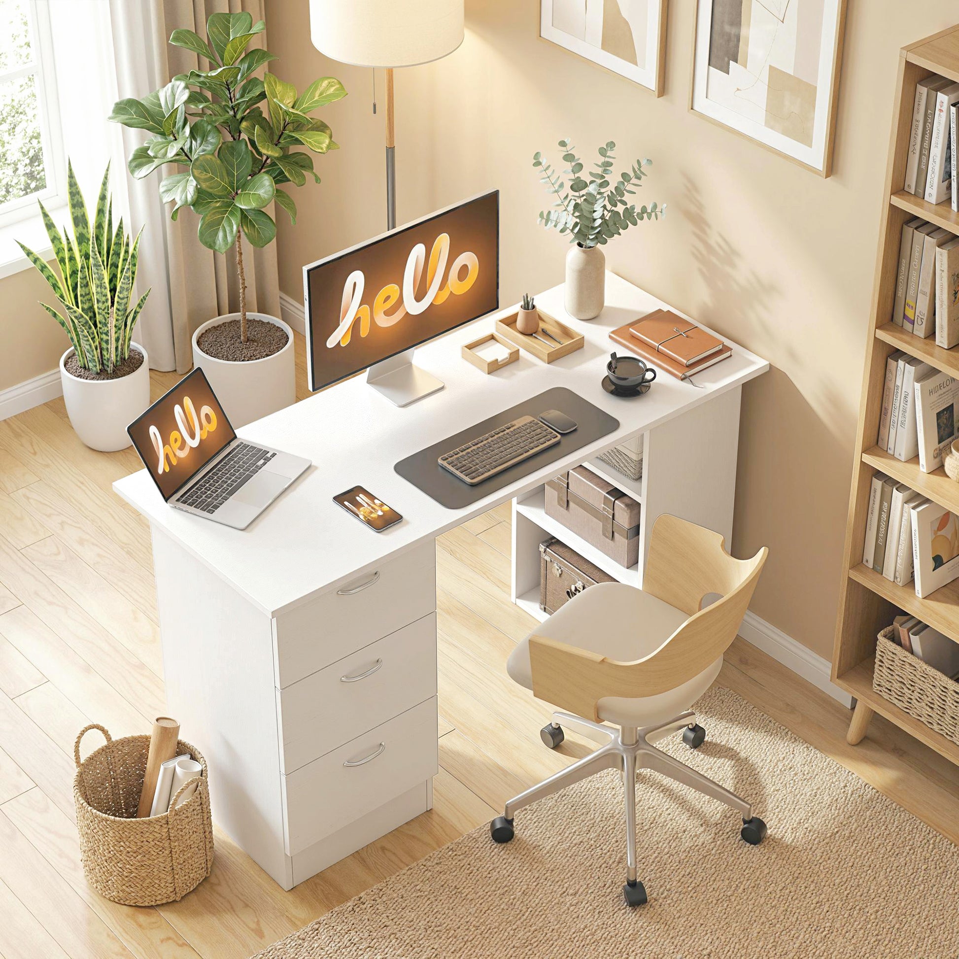 47" Computer Desk with 3 Drawers and 3 Shelves - White-Office Products > Office Furniture > Office Desks & Work Stations > Computer Desks-DECOROLALA