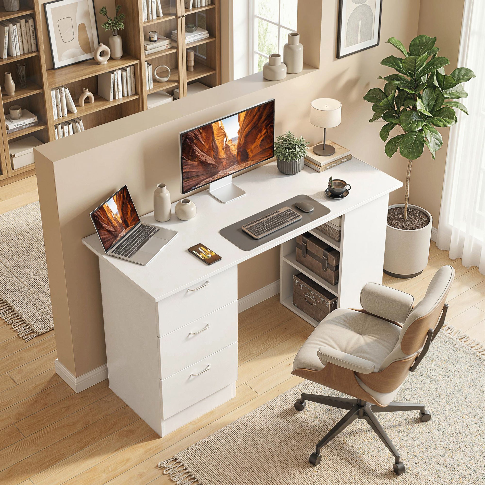 47" Computer Desk with 3 Drawers and 3 Shelves - White-Office Products > Office Furniture > Office Desks & Work Stations > Computer Desks-DECOROLALA