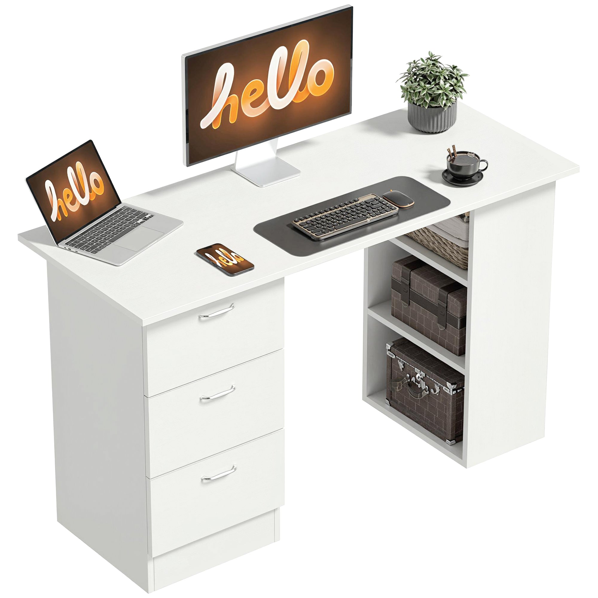 47" Computer Desk with 3 Drawers and 3 Shelves - White-Office Products > Office Furniture > Office Desks & Work Stations > Computer Desks-DECOROLALA