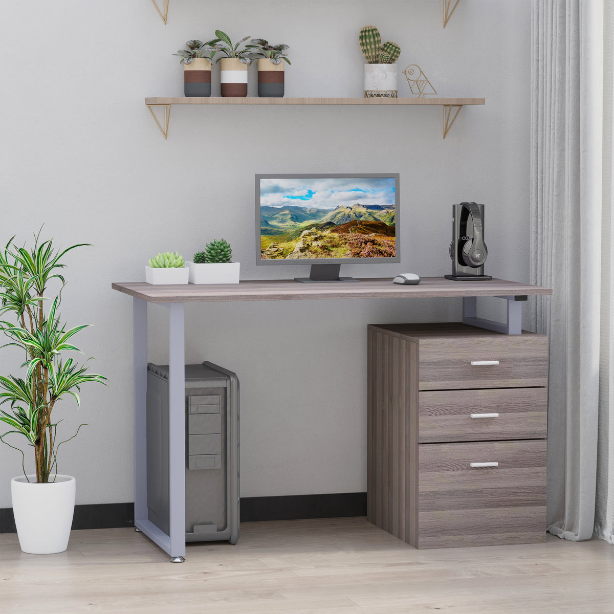 47" Computer Desk with 3 Reversible Drawers - Dark Wood Grain-Office Products > Office Furniture > Office Desks & Work Stations > Writing Desks-DECOROLALA