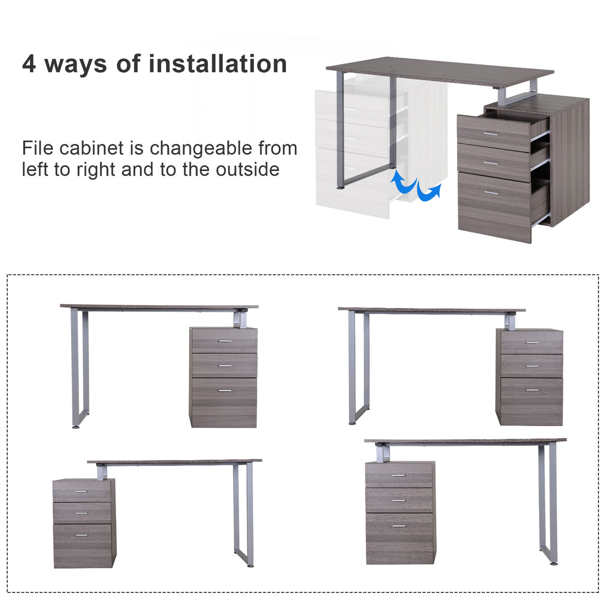 47" Computer Desk with 3 Reversible Drawers - Dark Wood Grain-Office Products > Office Furniture > Office Desks & Work Stations > Writing Desks-DECOROLALA