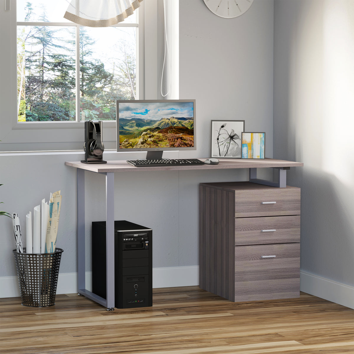 47" Computer Desk with 3 Reversible Drawers - Dark Wood Grain-Office Products > Office Furniture > Office Desks & Work Stations > Writing Desks-DECOROLALA