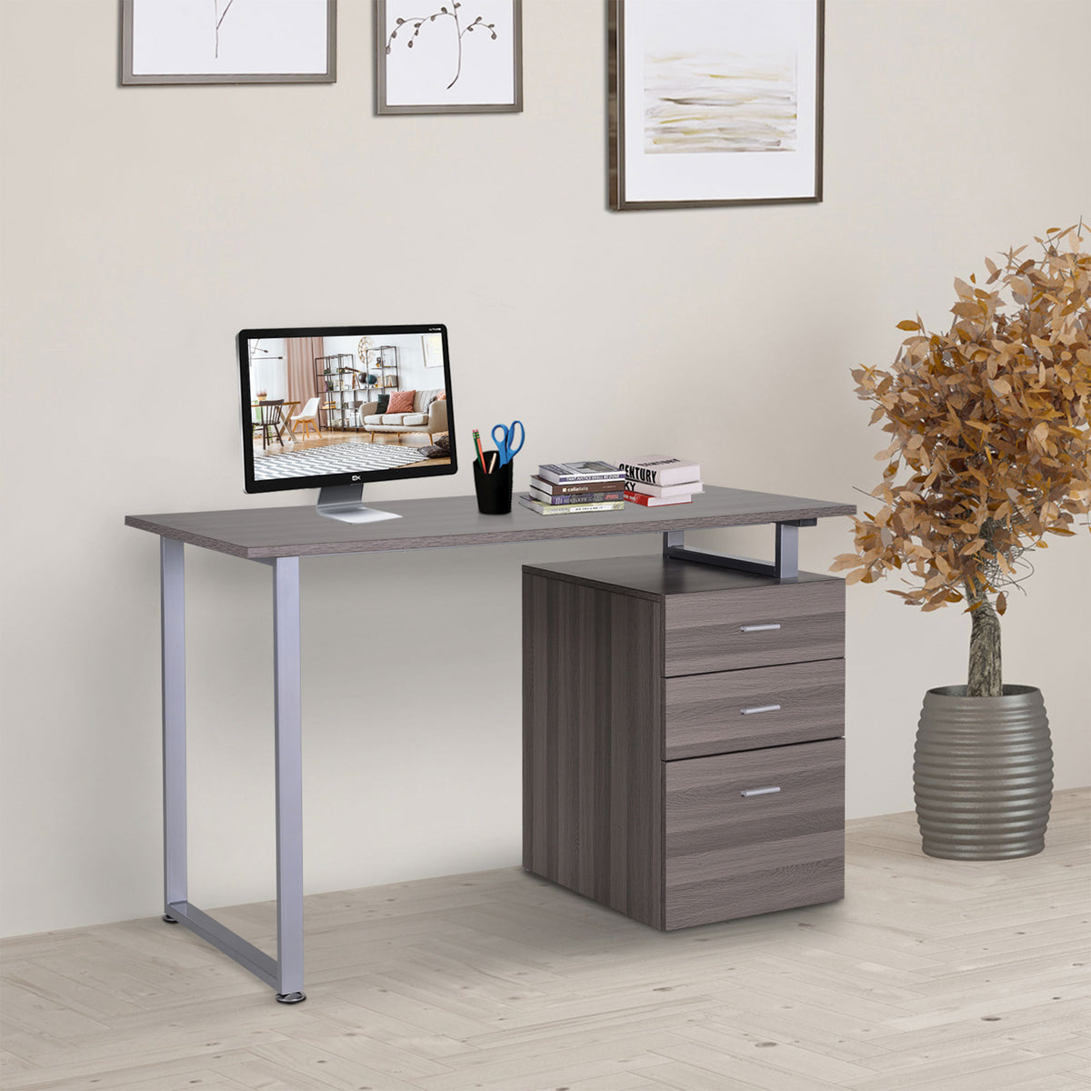 47" Computer Desk with 3 Reversible Drawers - Dark Wood Grain-Office Products > Office Furniture > Office Desks & Work Stations > Writing Desks-DECOROLALA