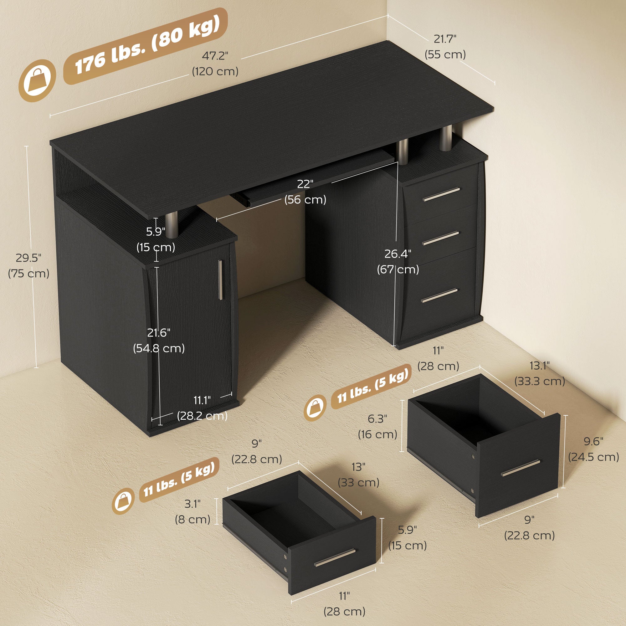 47" Computer Desk with Keyboard Tray and Drawers - Black-DECOROLALA