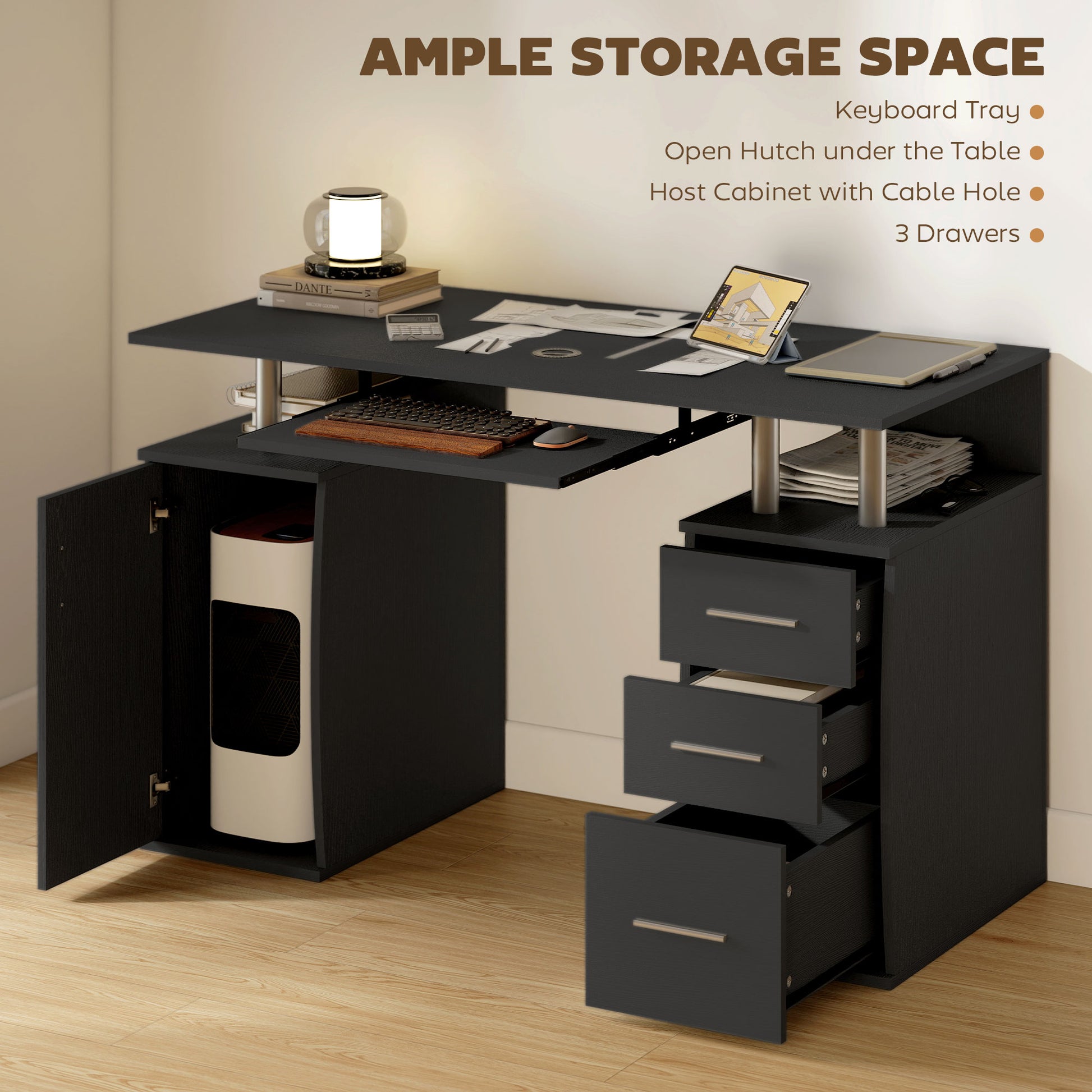 47" Computer Desk with Keyboard Tray and Drawers - Black-DECOROLALA