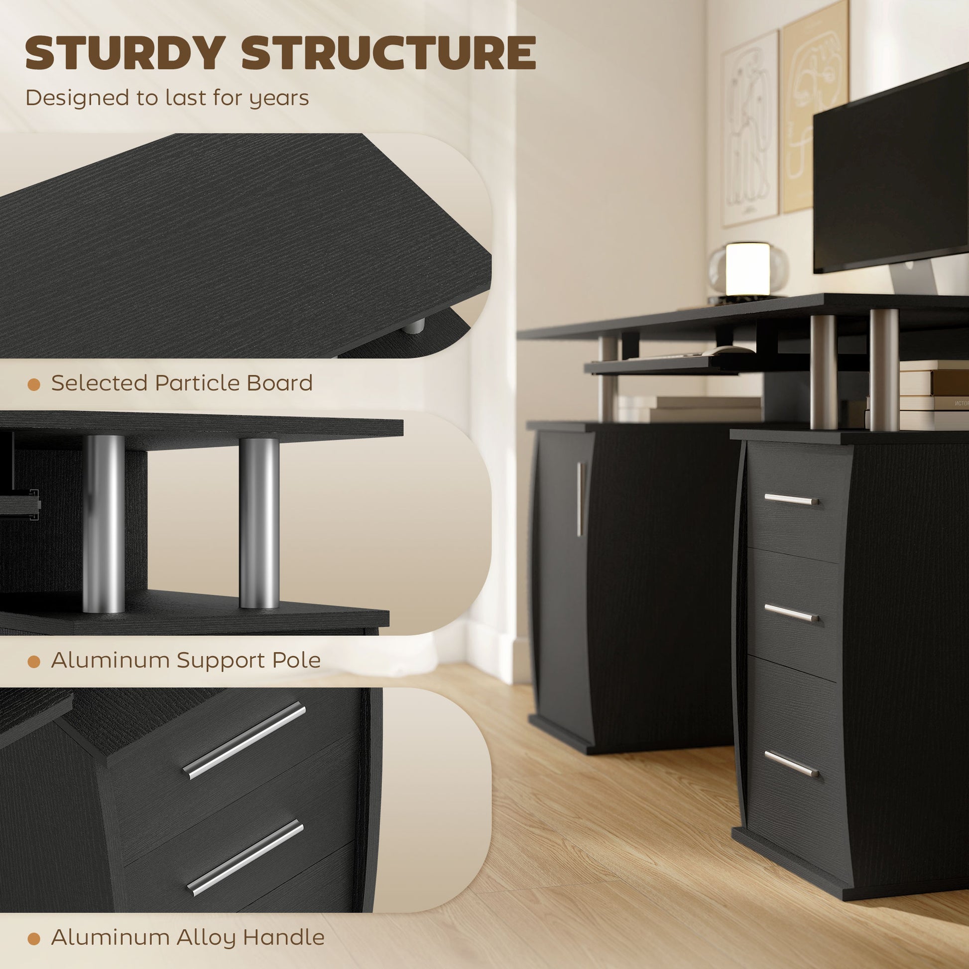 47" Computer Desk with Keyboard Tray and Drawers - Black-DECOROLALA
