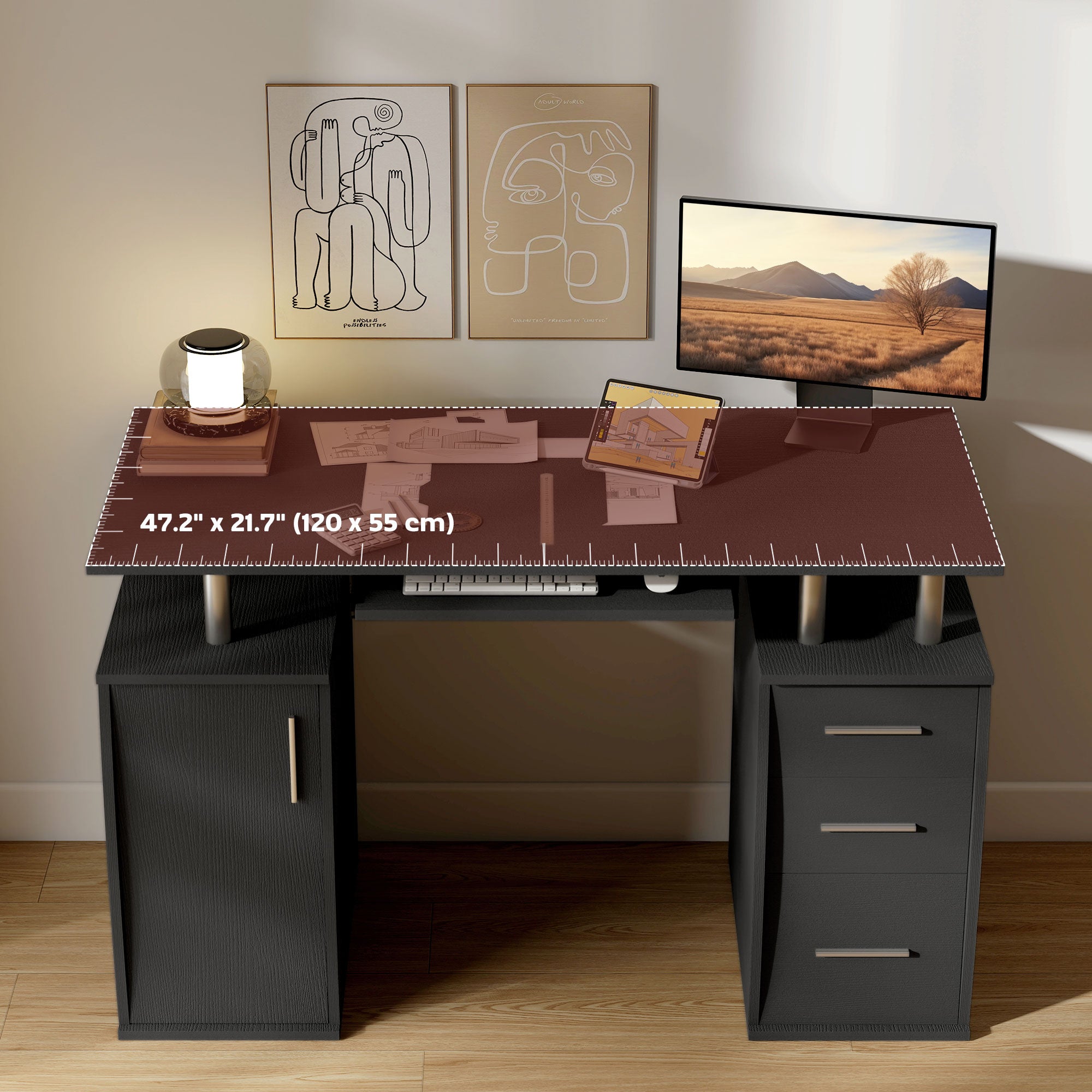 47" Computer Desk with Keyboard Tray and Drawers - Black-DECOROLALA