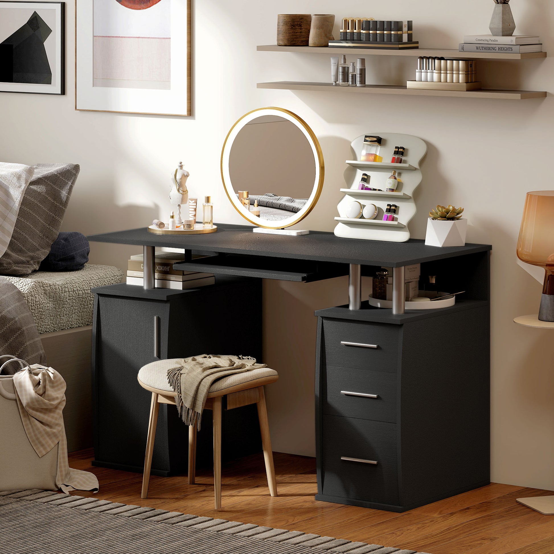 47" Computer Desk with Keyboard Tray and Drawers - Black-DECOROLALA