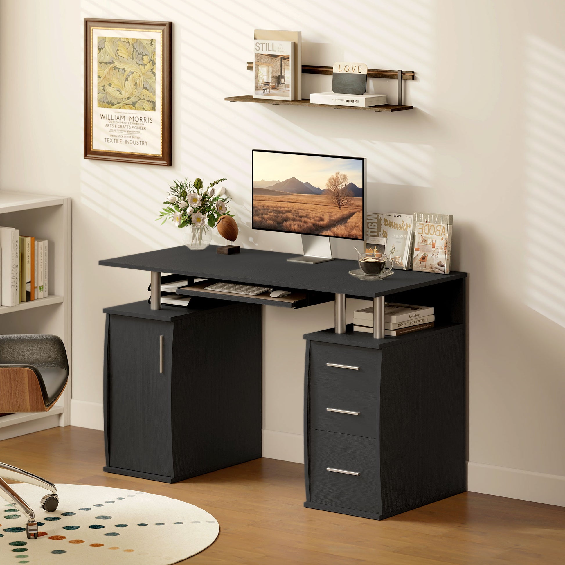 47" Computer Desk with Keyboard Tray and Drawers - Black-DECOROLALA