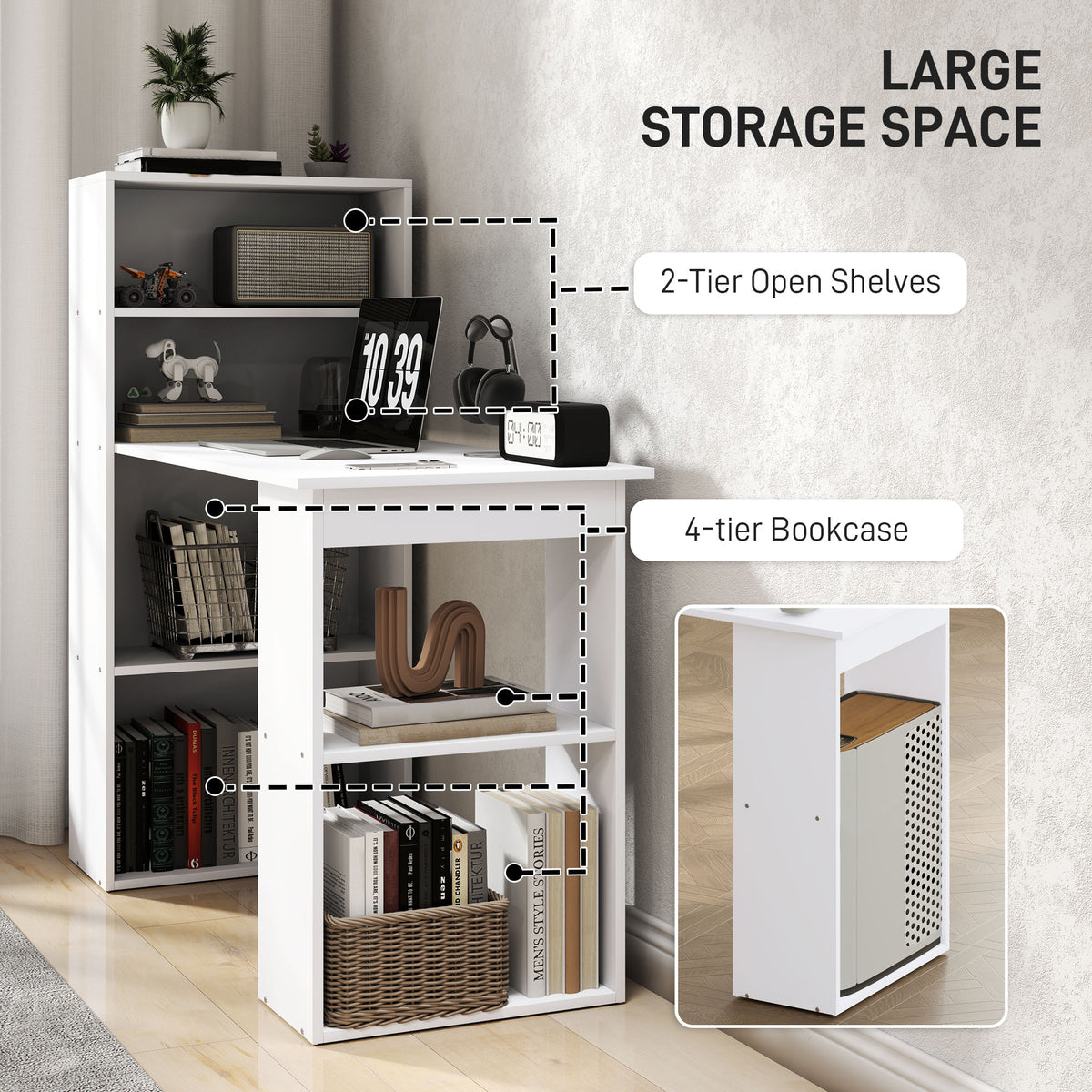 47" Computer Desk with Shelves - White Writing Workstation-Writing Desks-DECOROLALA