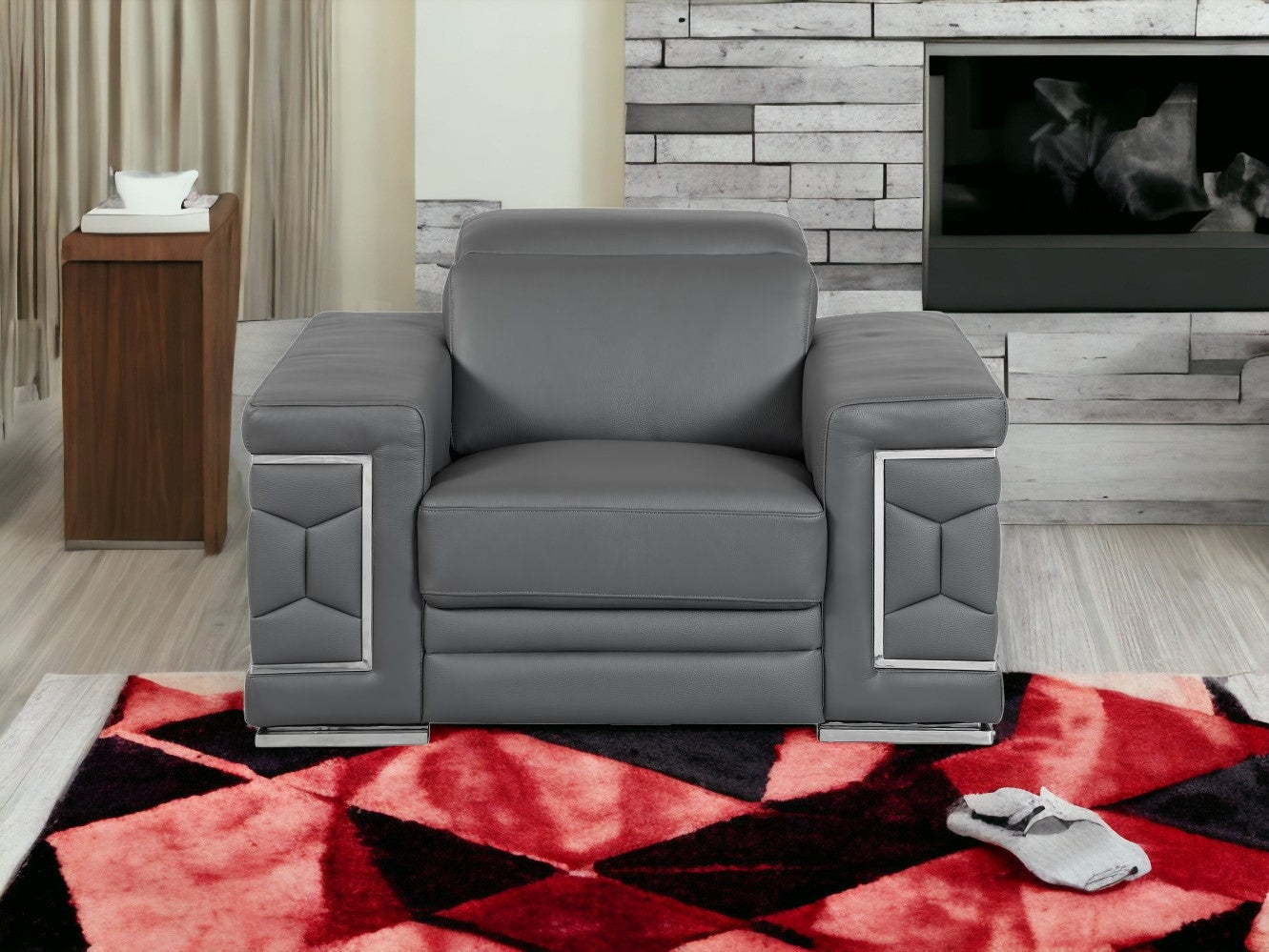 47" Dark Gray And Silver Genuine Leather Arm Chair-Accent Chairs-DECOROLALA