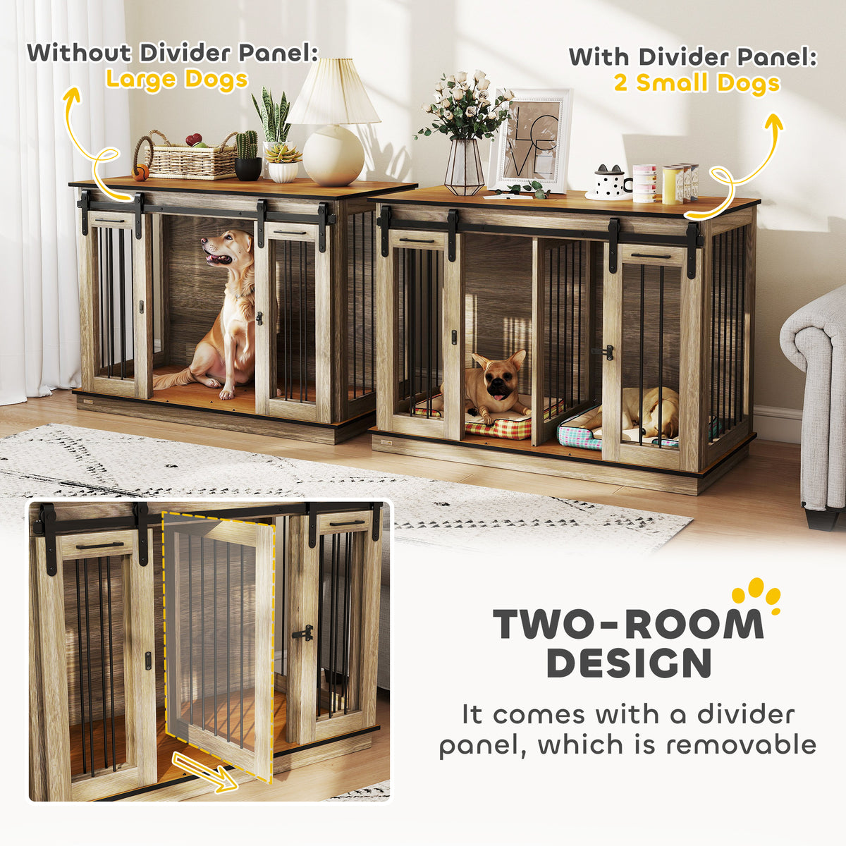 47" Dog Crate Furniture with Divider & Sliding Doors - Oak-Dogs-DECOROLALA