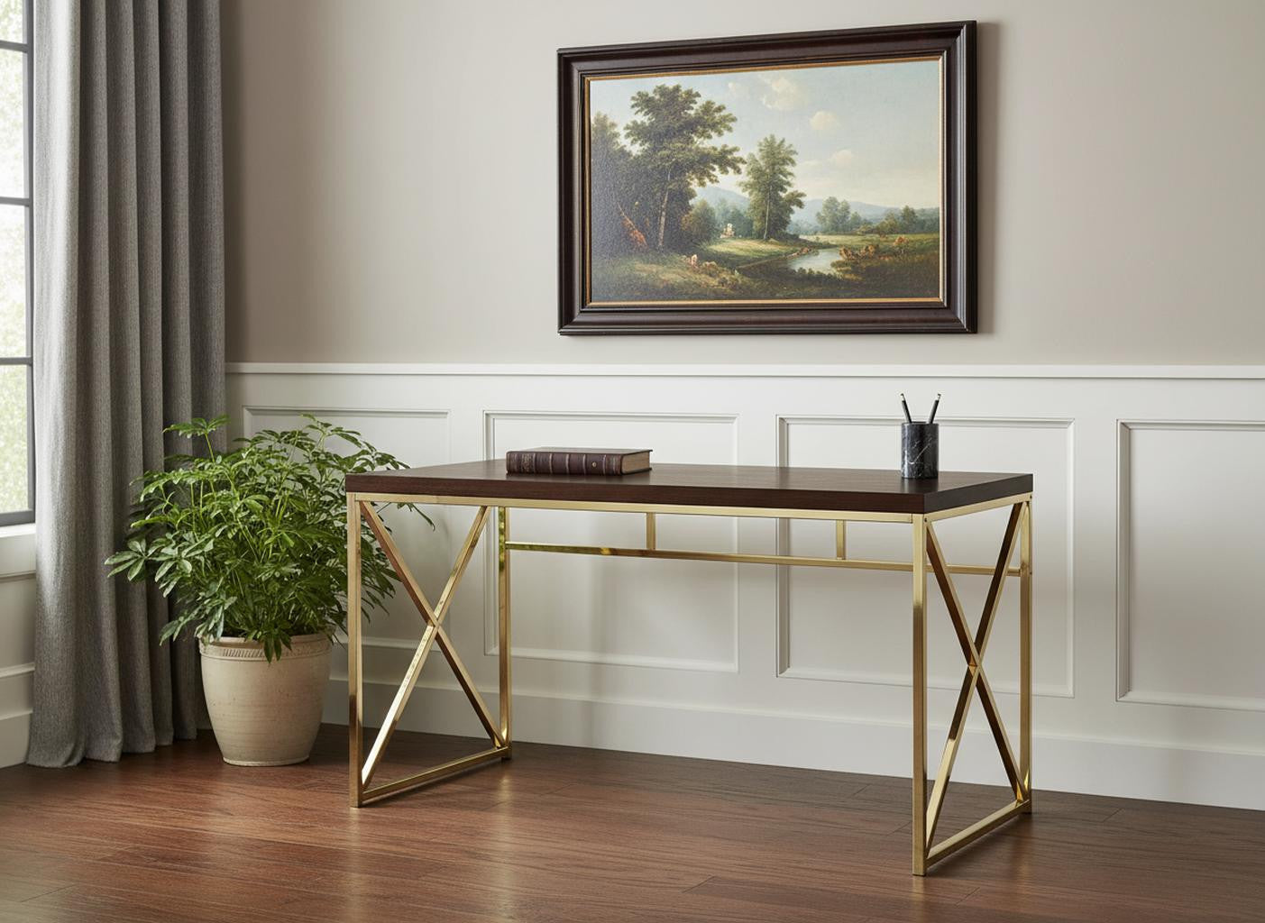 47" Espresso and Gold Writing Desk-Desks-DECOROLALA