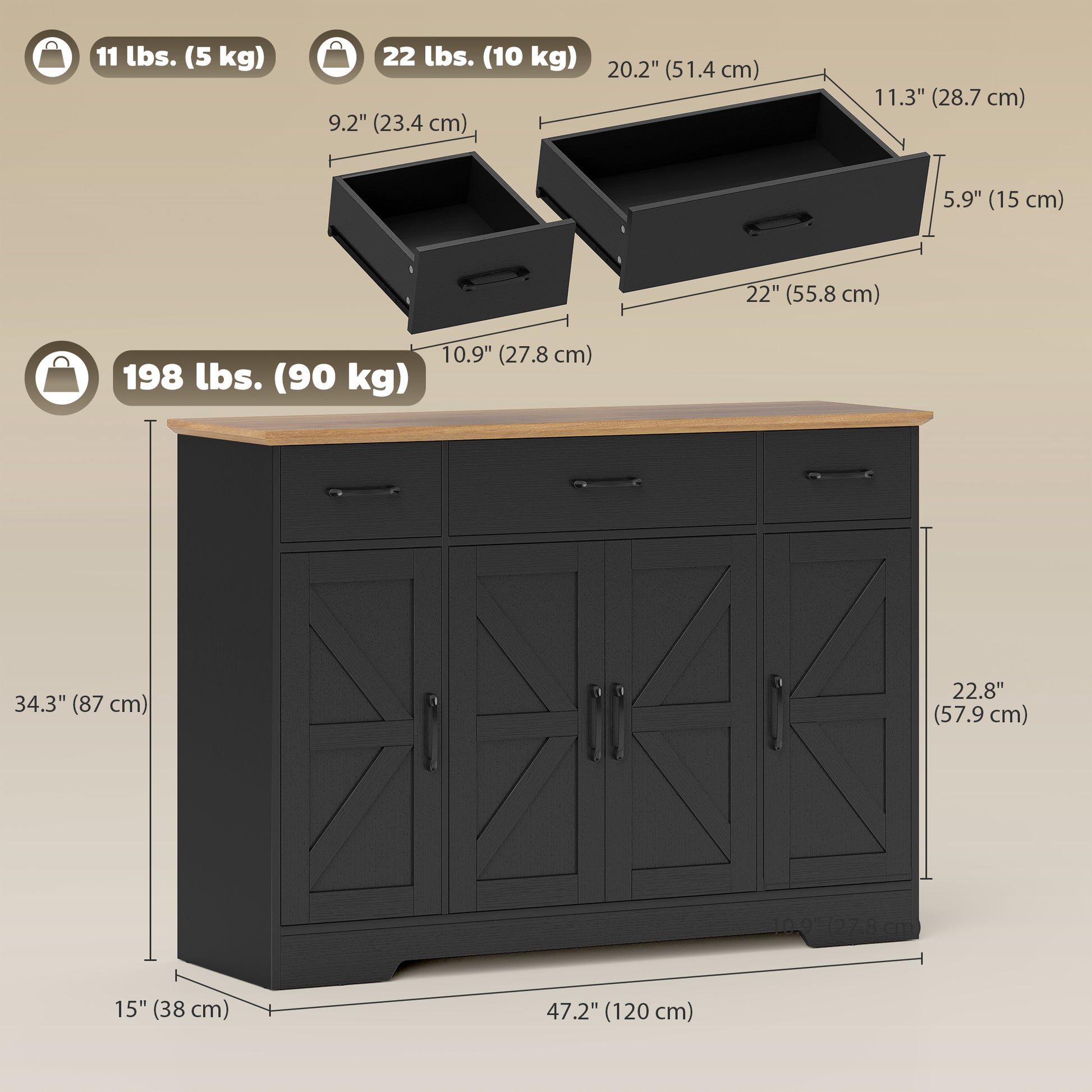 47" Farmhouse Buffet Cabinet - Black Wood Grain Sideboard-DECOROLALA