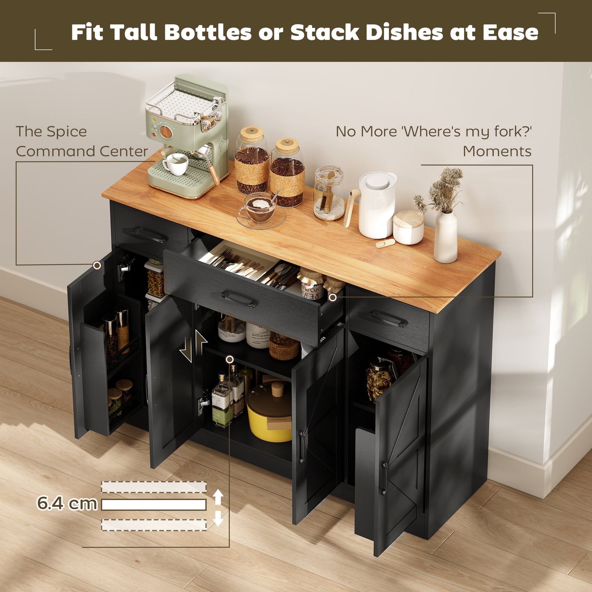 47" Farmhouse Buffet Cabinet - Black Wood Grain Sideboard-DECOROLALA