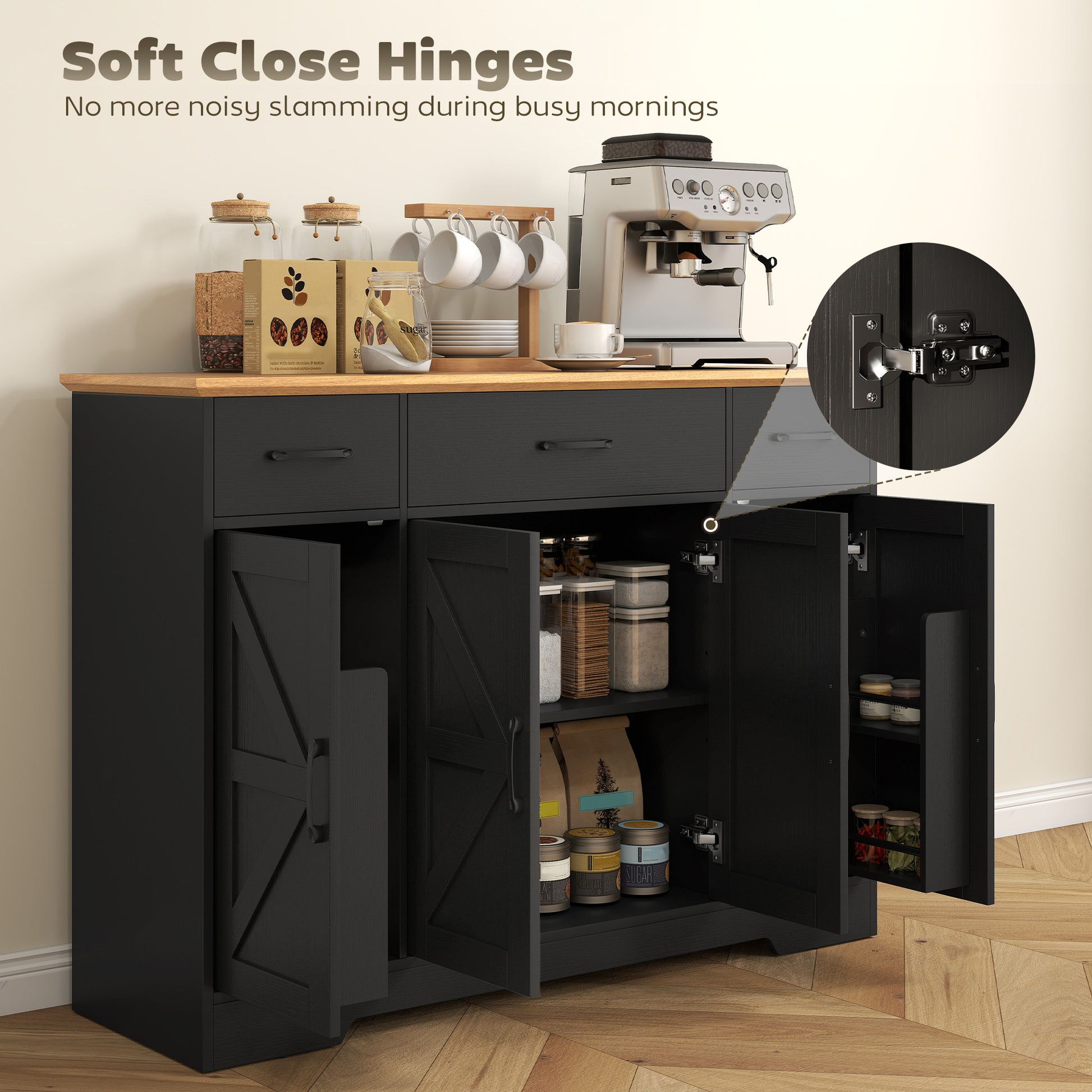 47" Farmhouse Buffet Cabinet - Black Wood Grain Sideboard-DECOROLALA