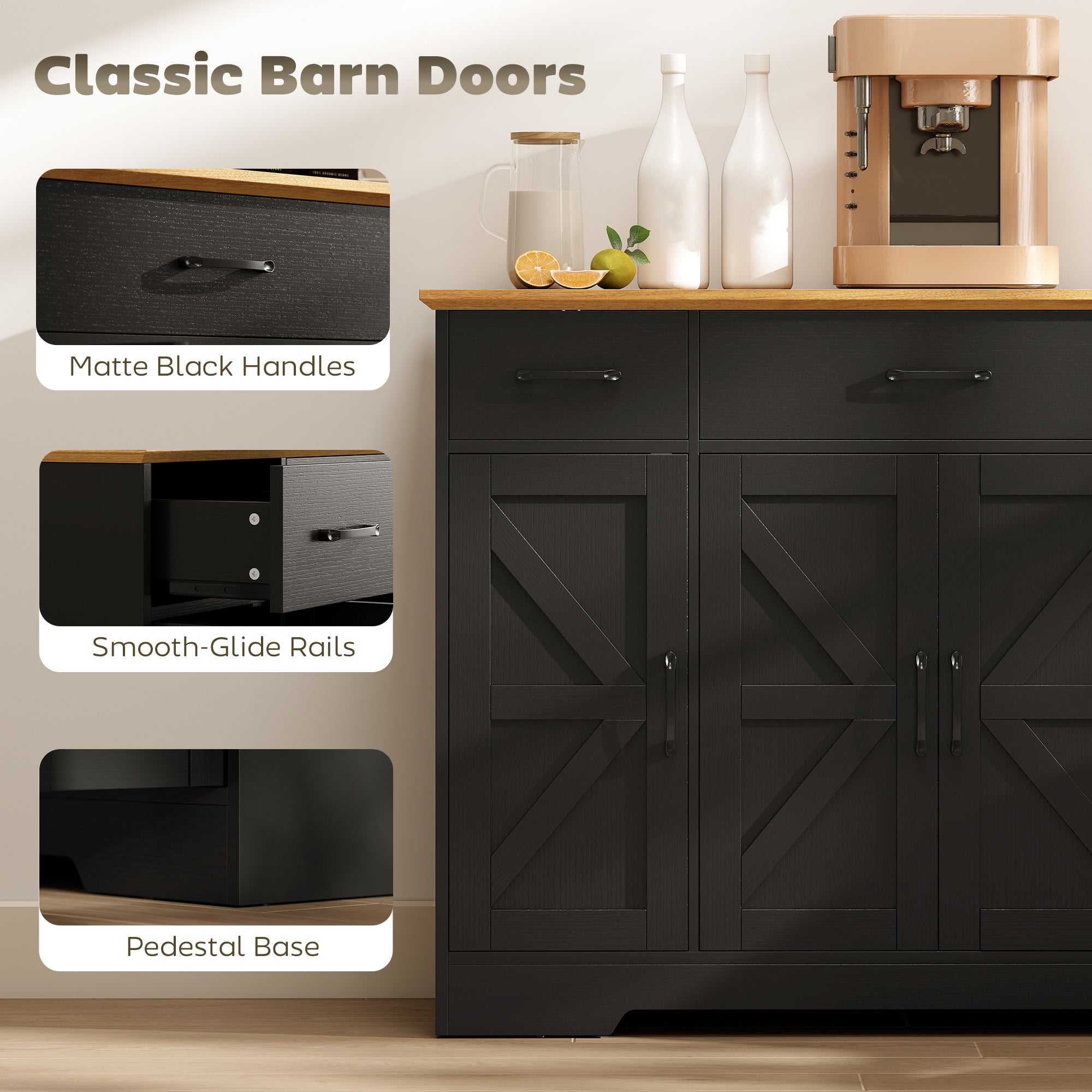 47" Farmhouse Buffet Cabinet - Black Wood Grain Sideboard-DECOROLALA