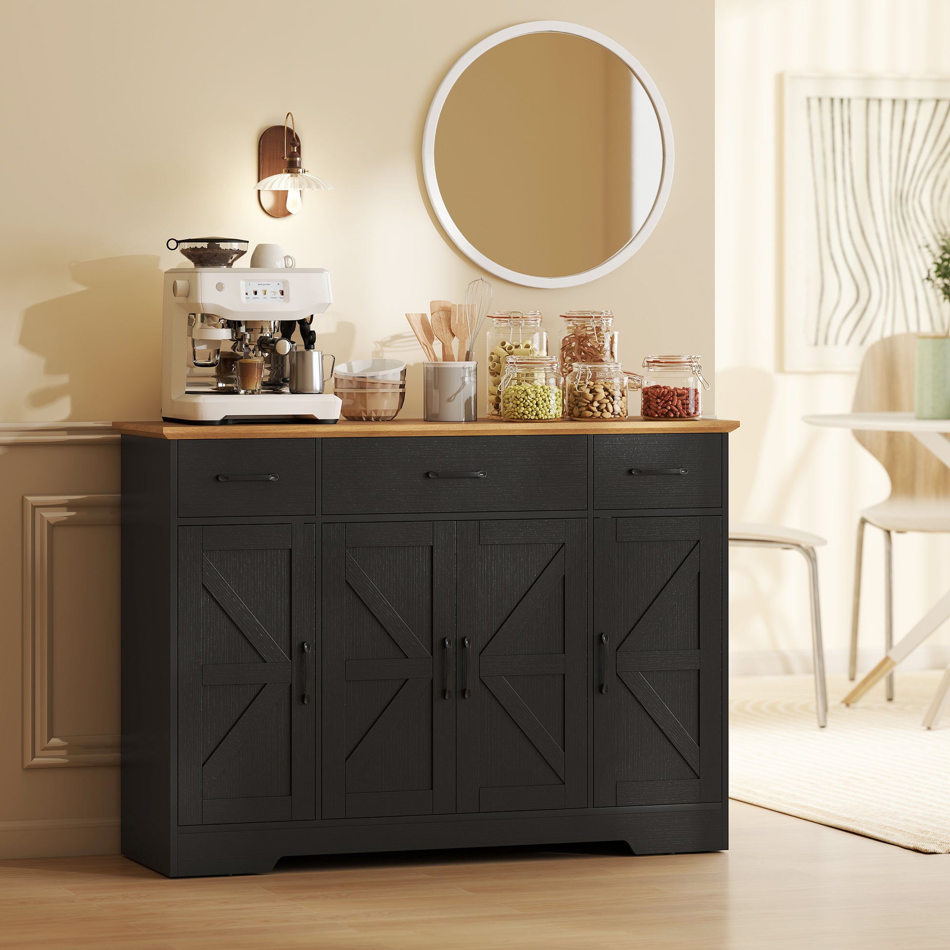 47" Farmhouse Buffet Cabinet - Black Wood Grain Sideboard-DECOROLALA