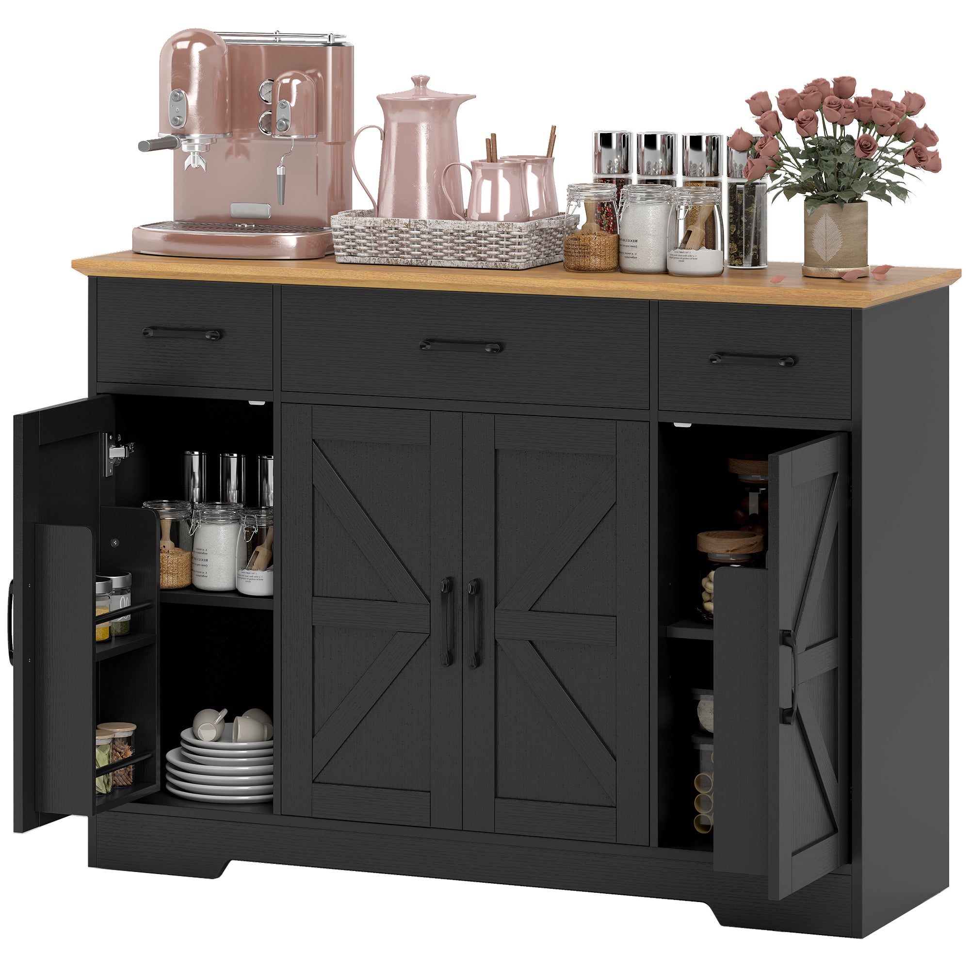 47" Farmhouse Buffet Cabinet - Black Wood Grain Sideboard-DECOROLALA