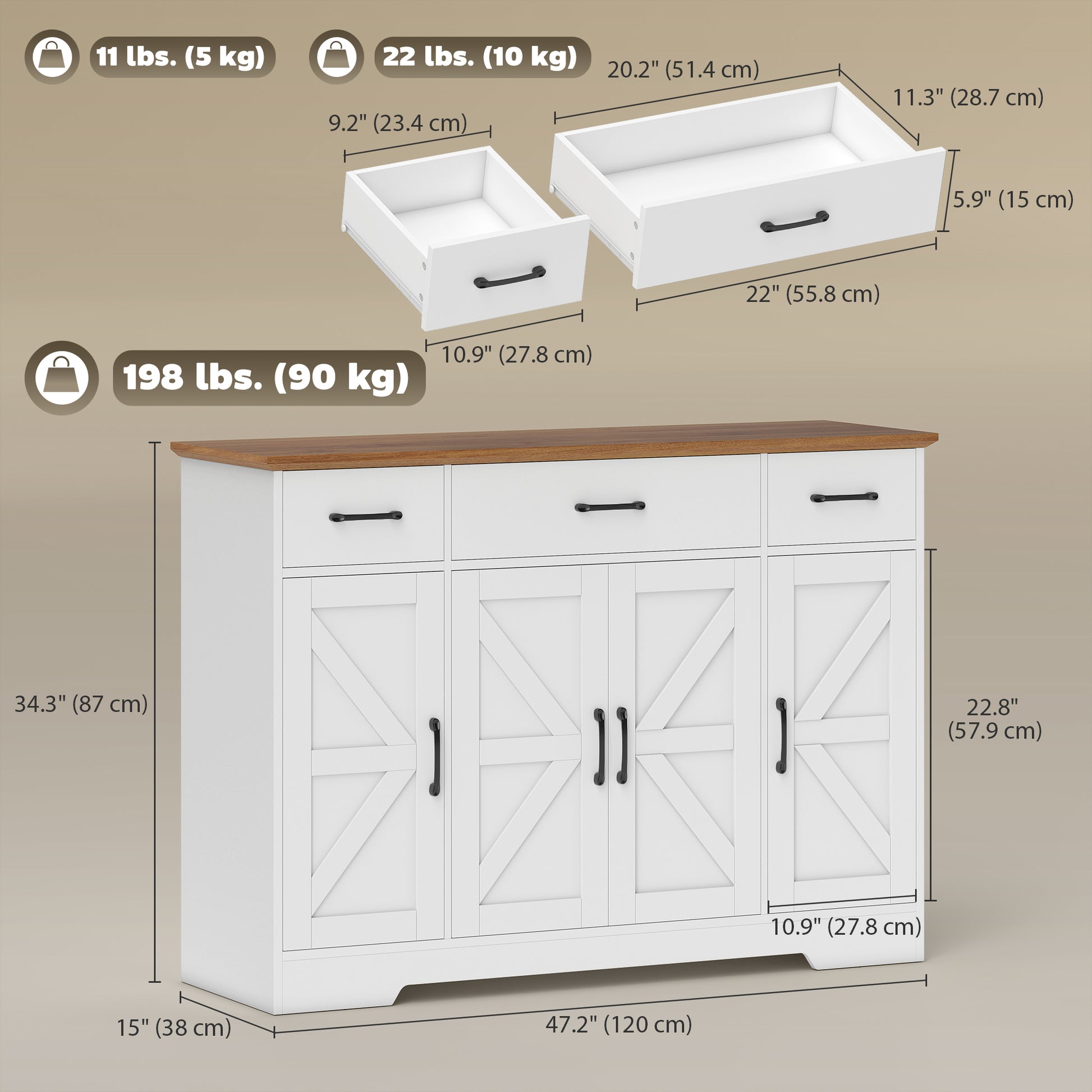 47" Farmhouse Buffet Cabinet - White & Walnut Sideboard-DECOROLALA