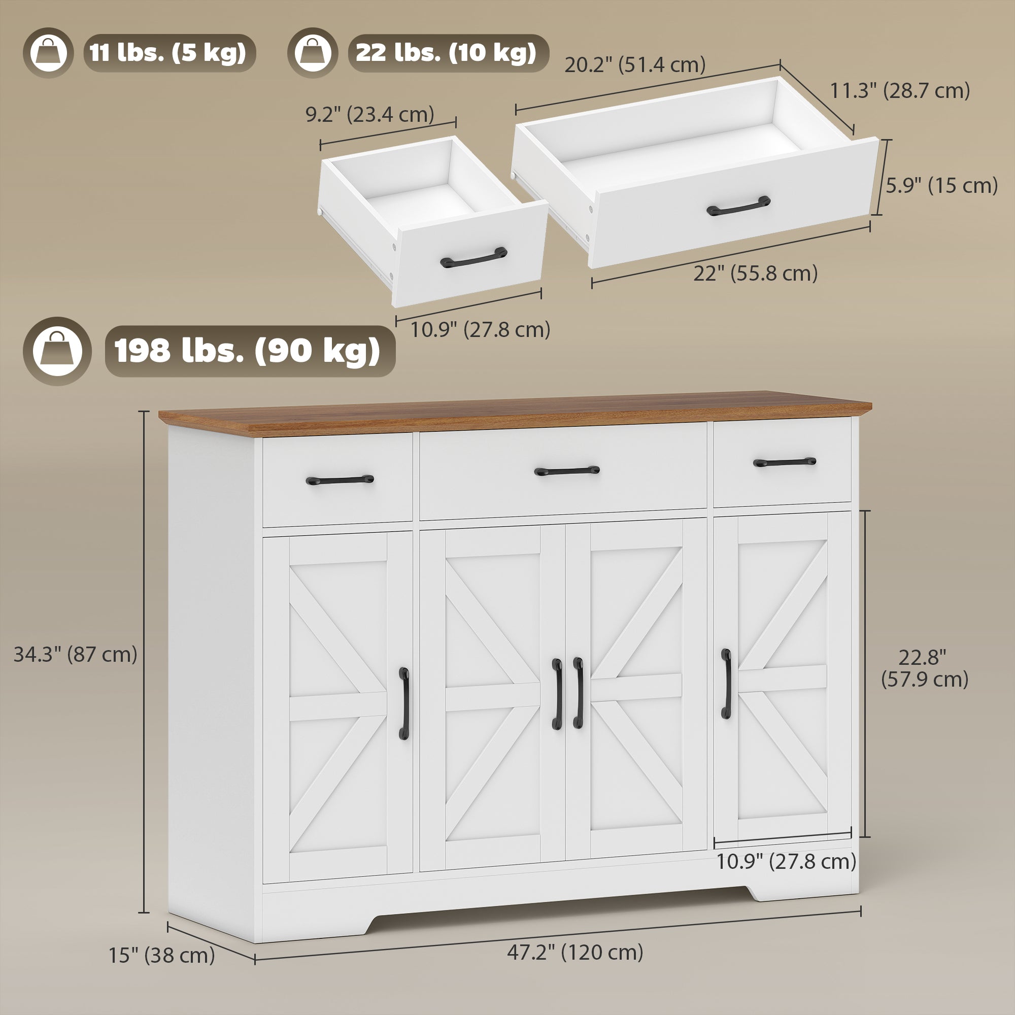 47" Farmhouse Buffet Cabinet - White & Walnut Sideboard-DECOROLALA