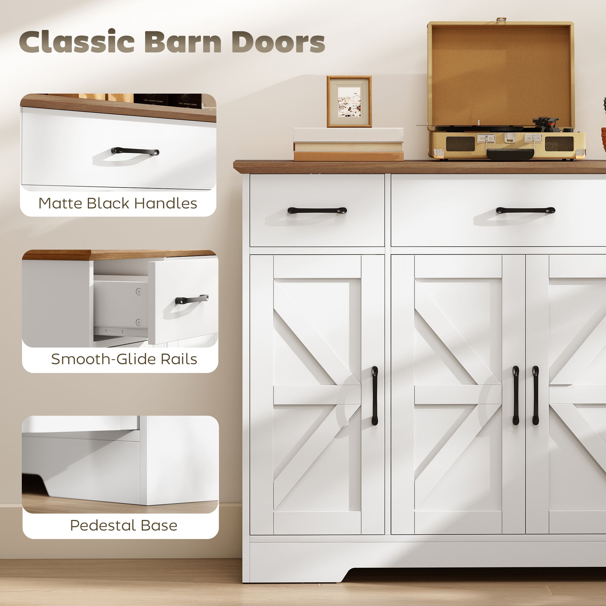47" Farmhouse Buffet Cabinet - White & Walnut Sideboard-DECOROLALA