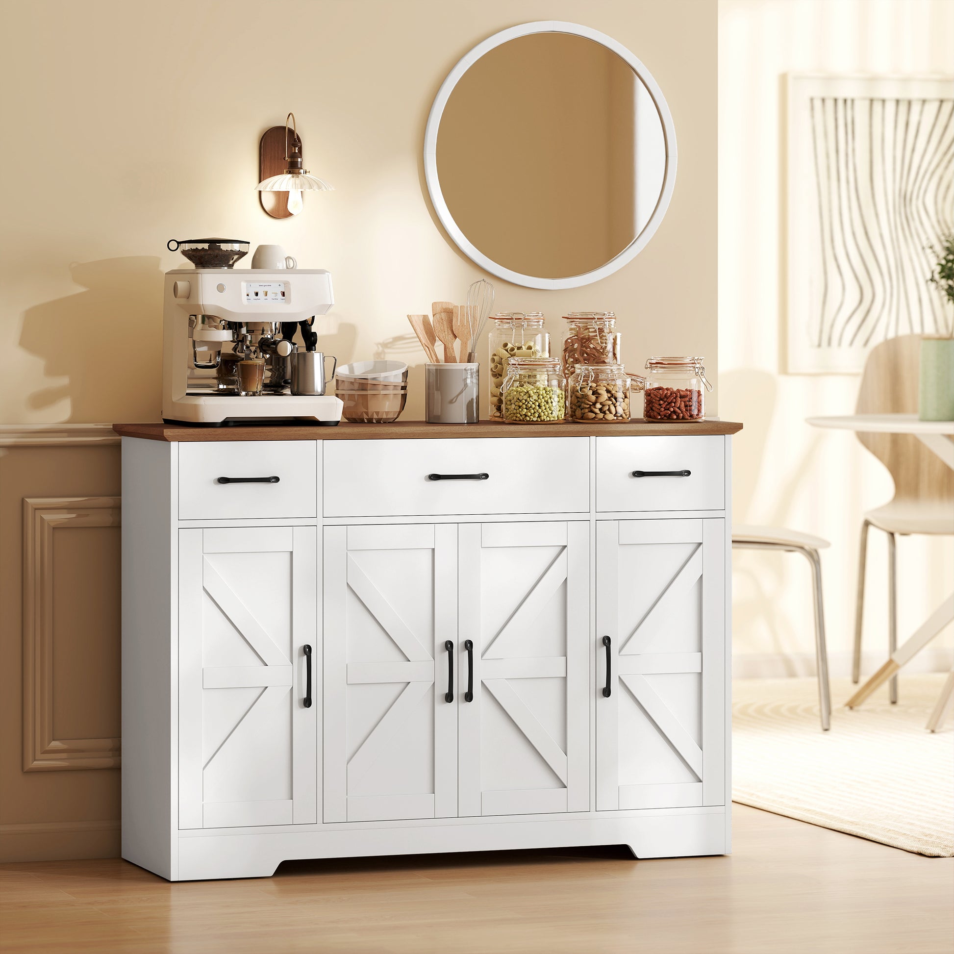 47" Farmhouse Buffet Cabinet - White & Walnut Sideboard-DECOROLALA