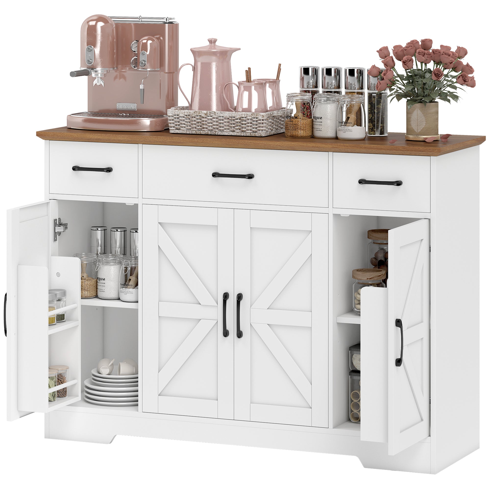 47" Farmhouse Buffet Cabinet - White & Walnut Sideboard-DECOROLALA