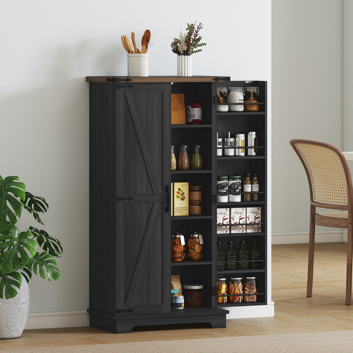 47" Farmhouse Kitchen Pantry Cabinet - Black Barn Door-Home Furnishings > Storage & Organization > Kitchen Pantry Cabinets-DECOROLALA