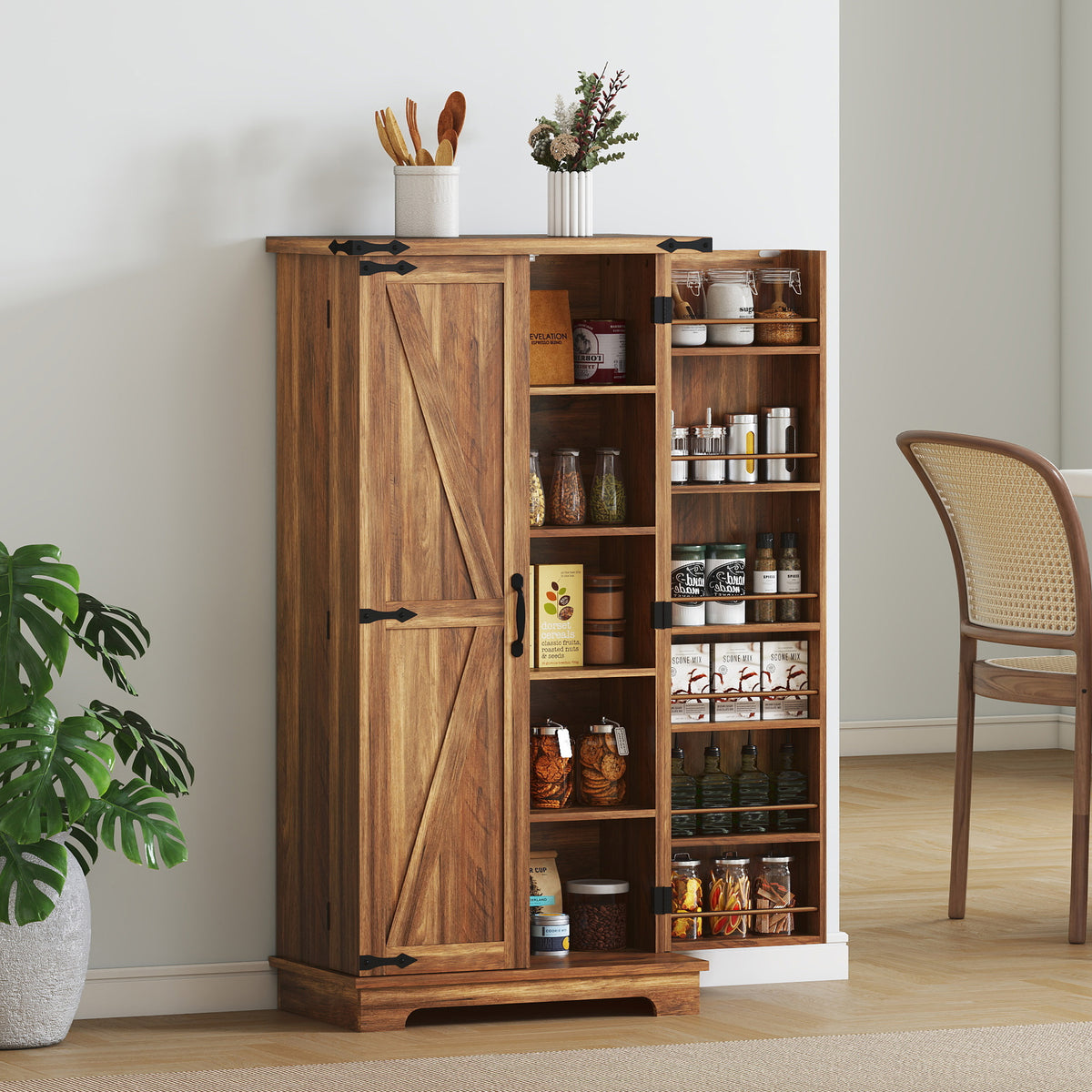 47" Farmhouse Kitchen Pantry Cabinet - Brown Barn Door-Home Furnishings > Storage & Organization > Kitchen Pantry Cabinets-DECOROLALA