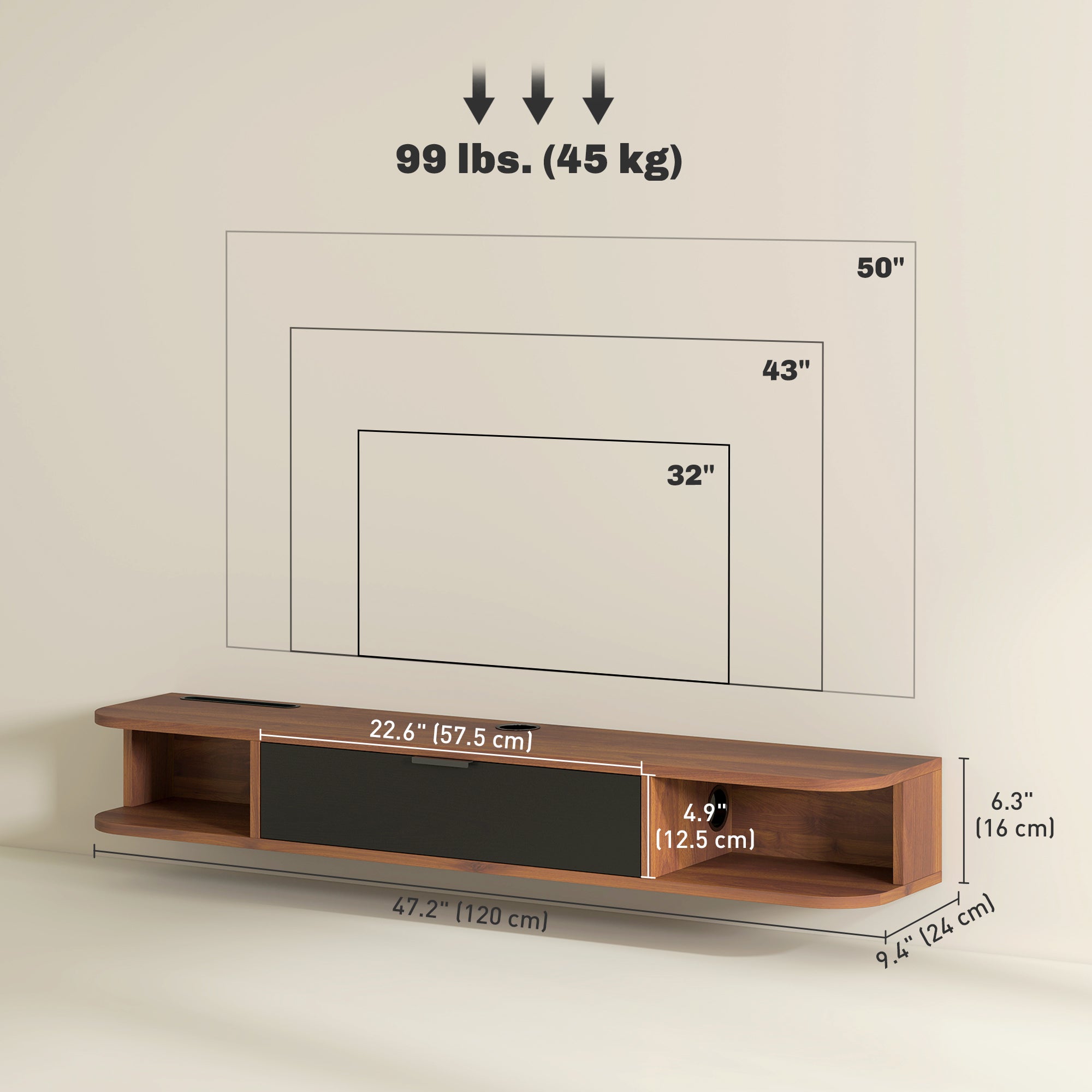 47" Floating TV Stand - Wall Mounted Media Console Walnut-Home Furnishings > Living Room Furniture > TV¬†Stands-DECOROLALA