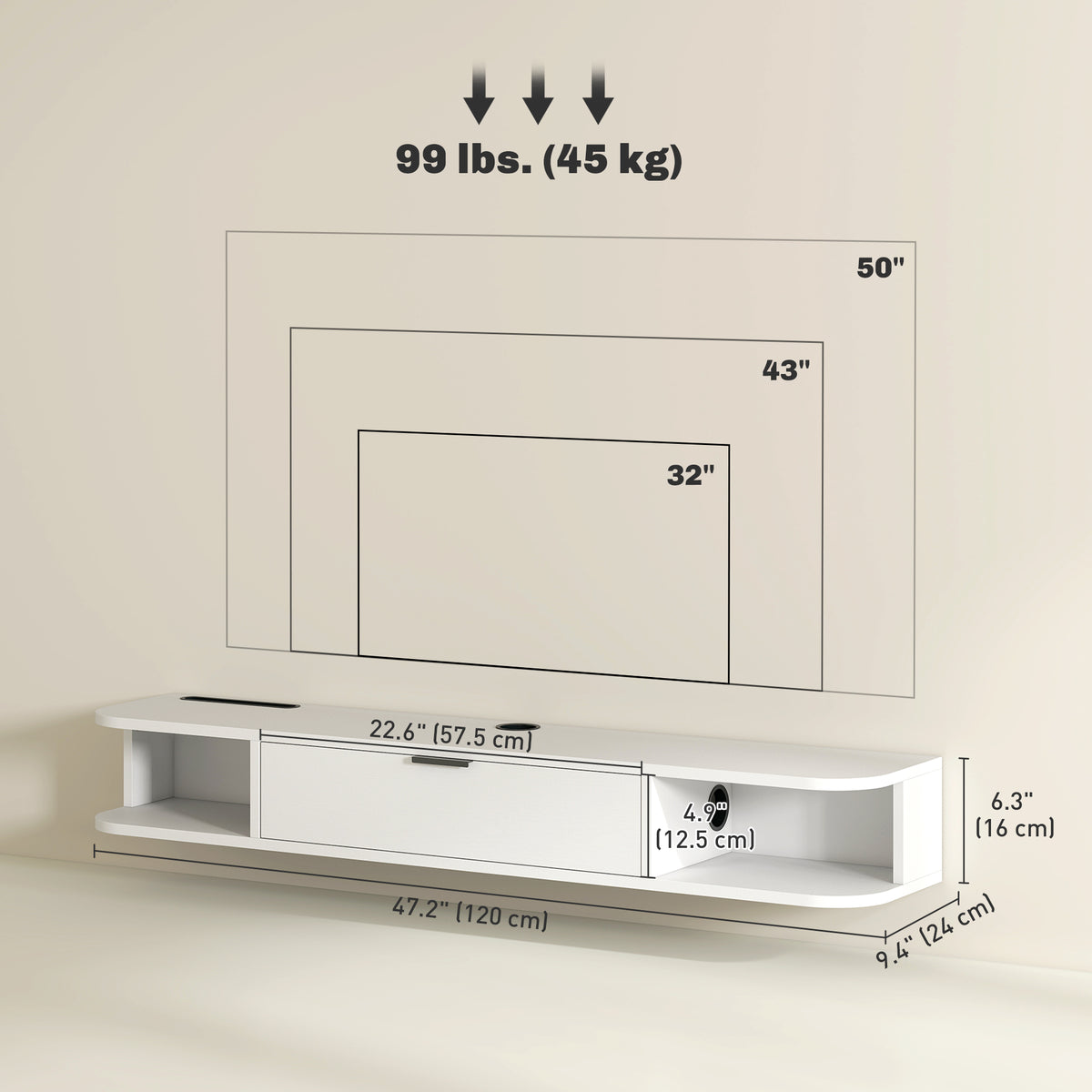 47" Floating TV Stand - Wall Mounted Media Console White-Home Furnishings > Living Room Furniture > TV¬†Stands-DECOROLALA