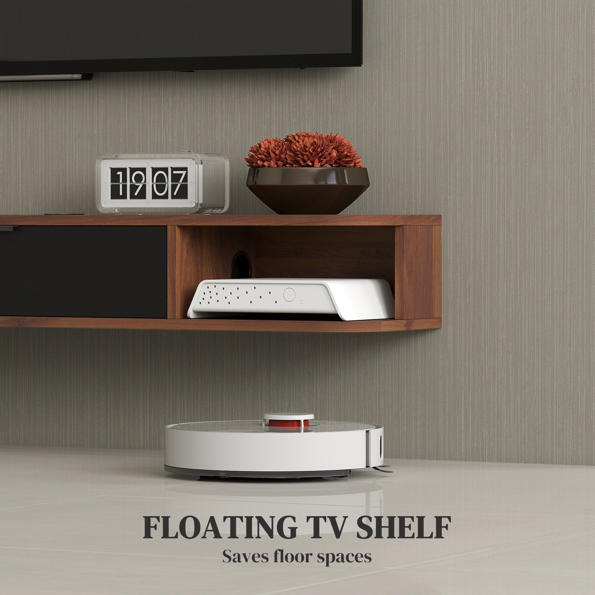 47" Floating TV Stand for TVs up to 50 Inch, Wall Mounted Media Console with Flip Drawer and 2 Open Shelves, Walnut-Home Furnishings > Living Room Furniture > TV¬†Stands-DECOROLALA